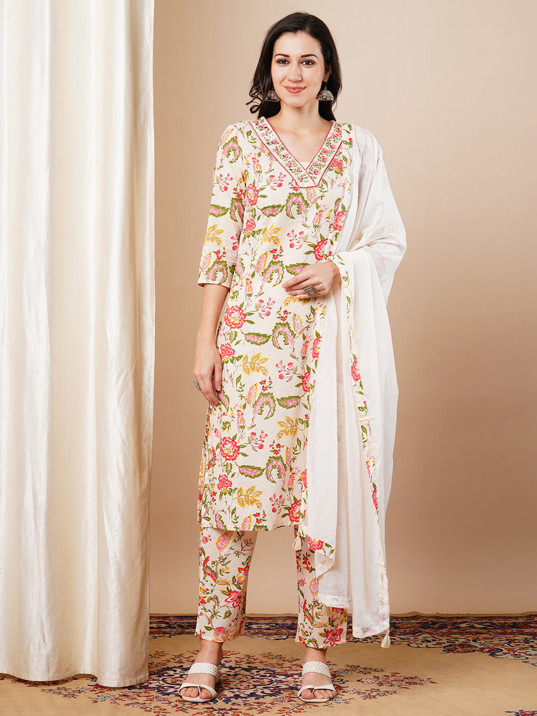 Floral Printed Embroidered Straight Fit Kurta with Pant & Dupatta - Cream