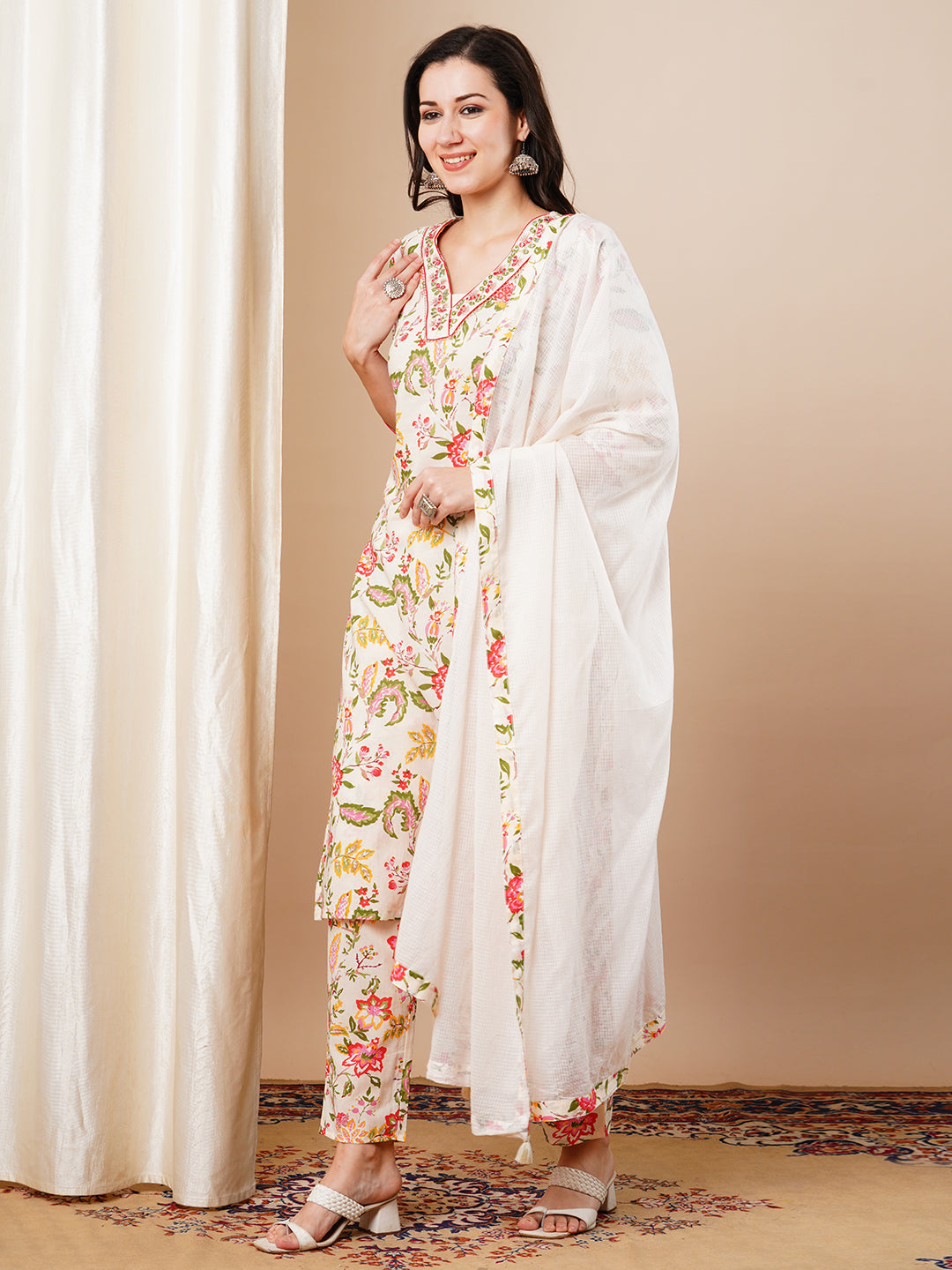 Floral Printed Embroidered Straight Fit Kurta with Pant & Dupatta - Cream
