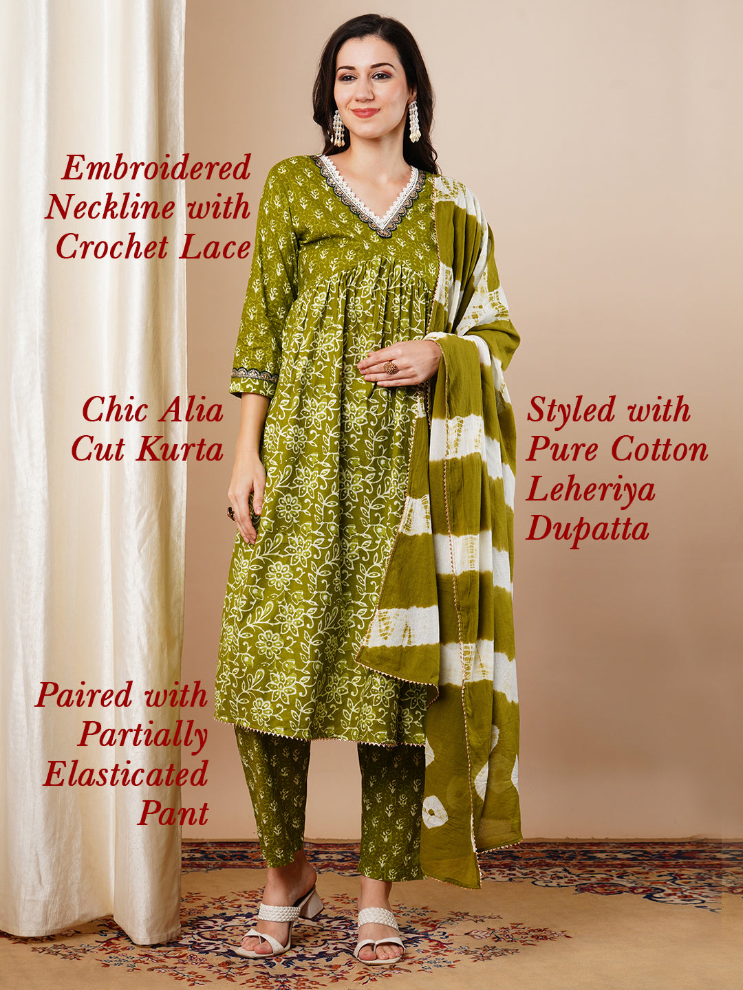 Ethnic Printed & Embroidered A-Line Pleated Kurta with Pant & Dupatta - Green