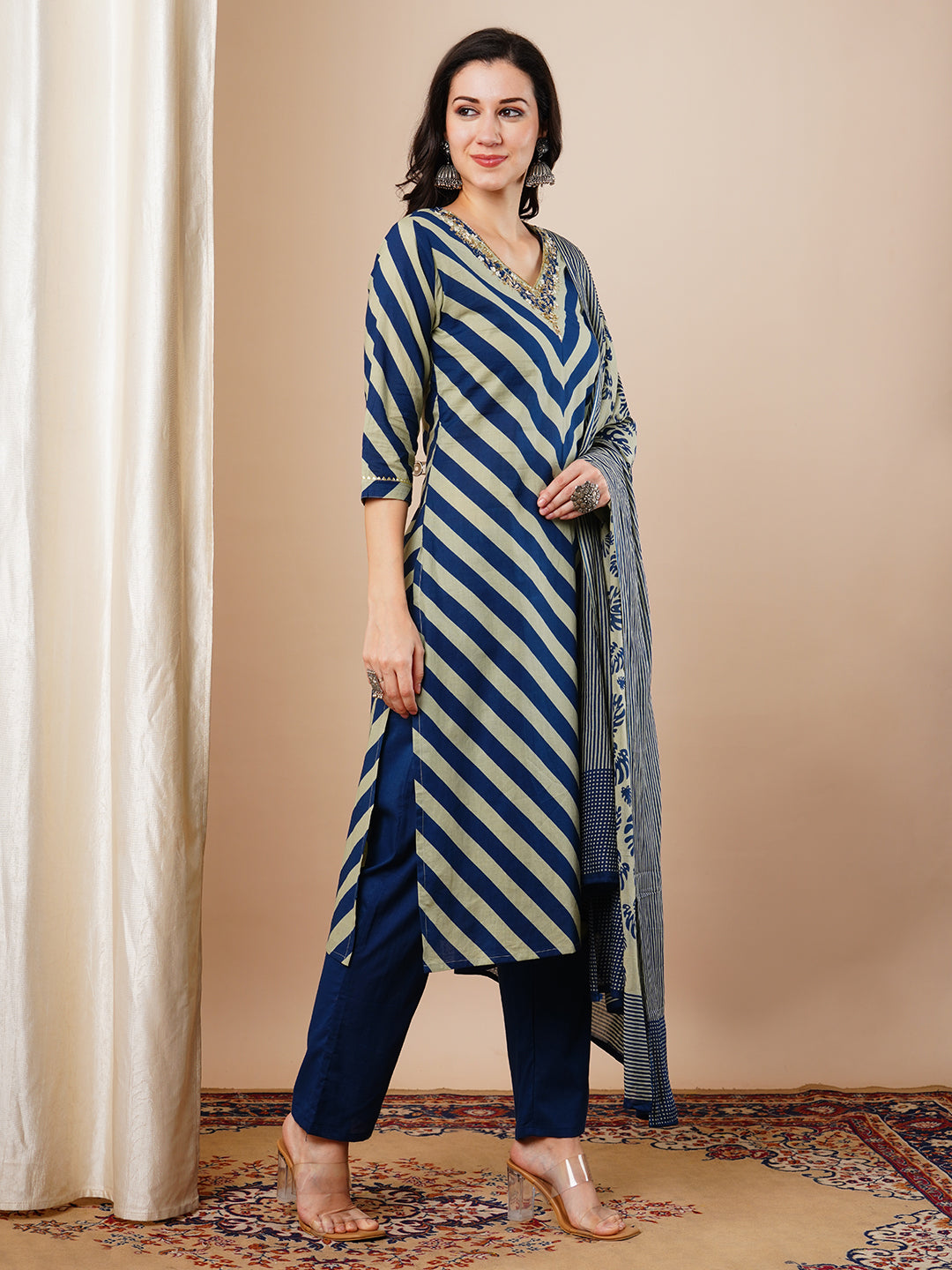 Ethnic Printed Embroidered Straight Fit Kurta with Pant and Dupatta - Blue