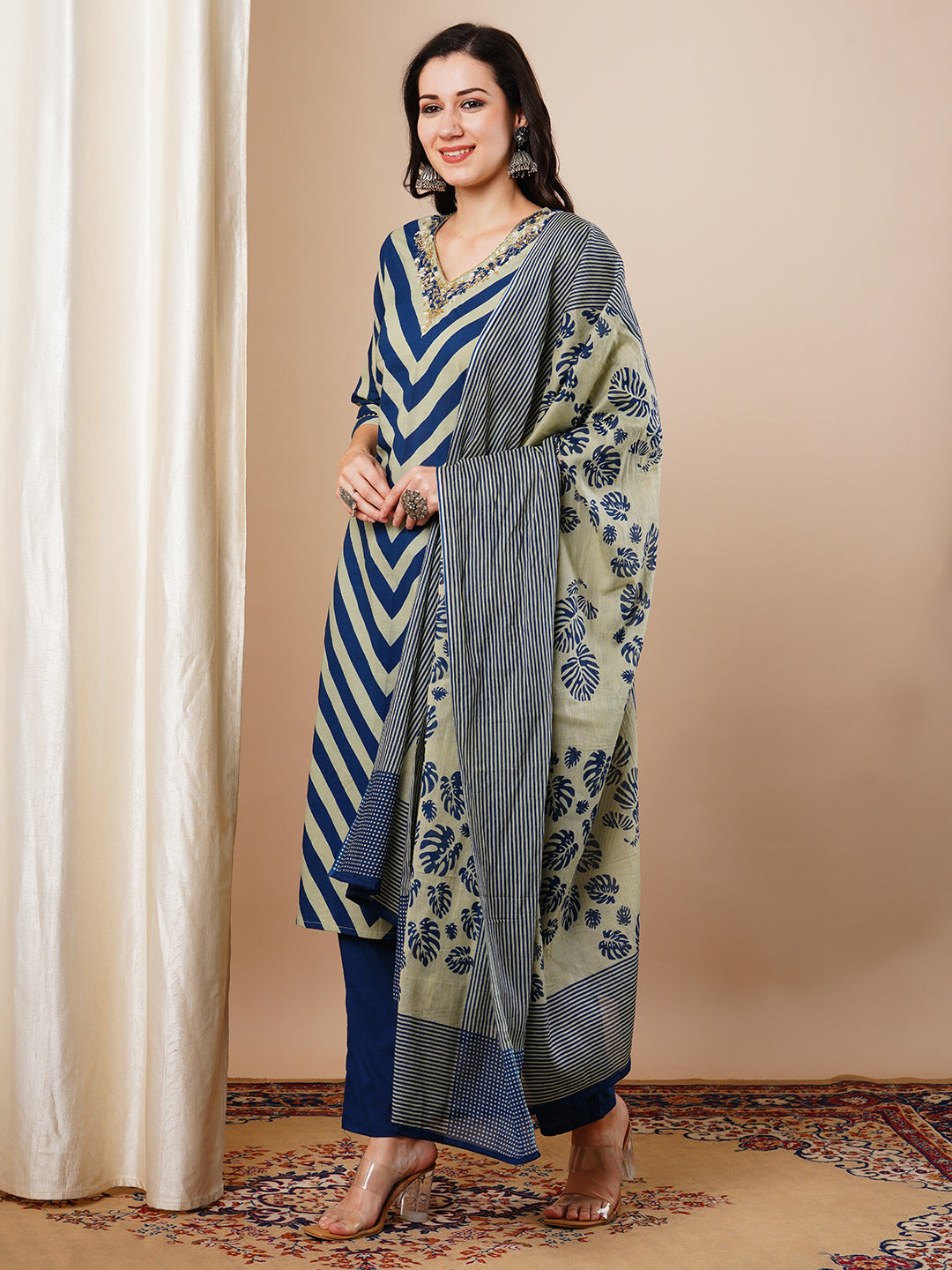 Ethnic Printed Embroidered Straight Fit Kurta with Pant and Dupatta - Blue