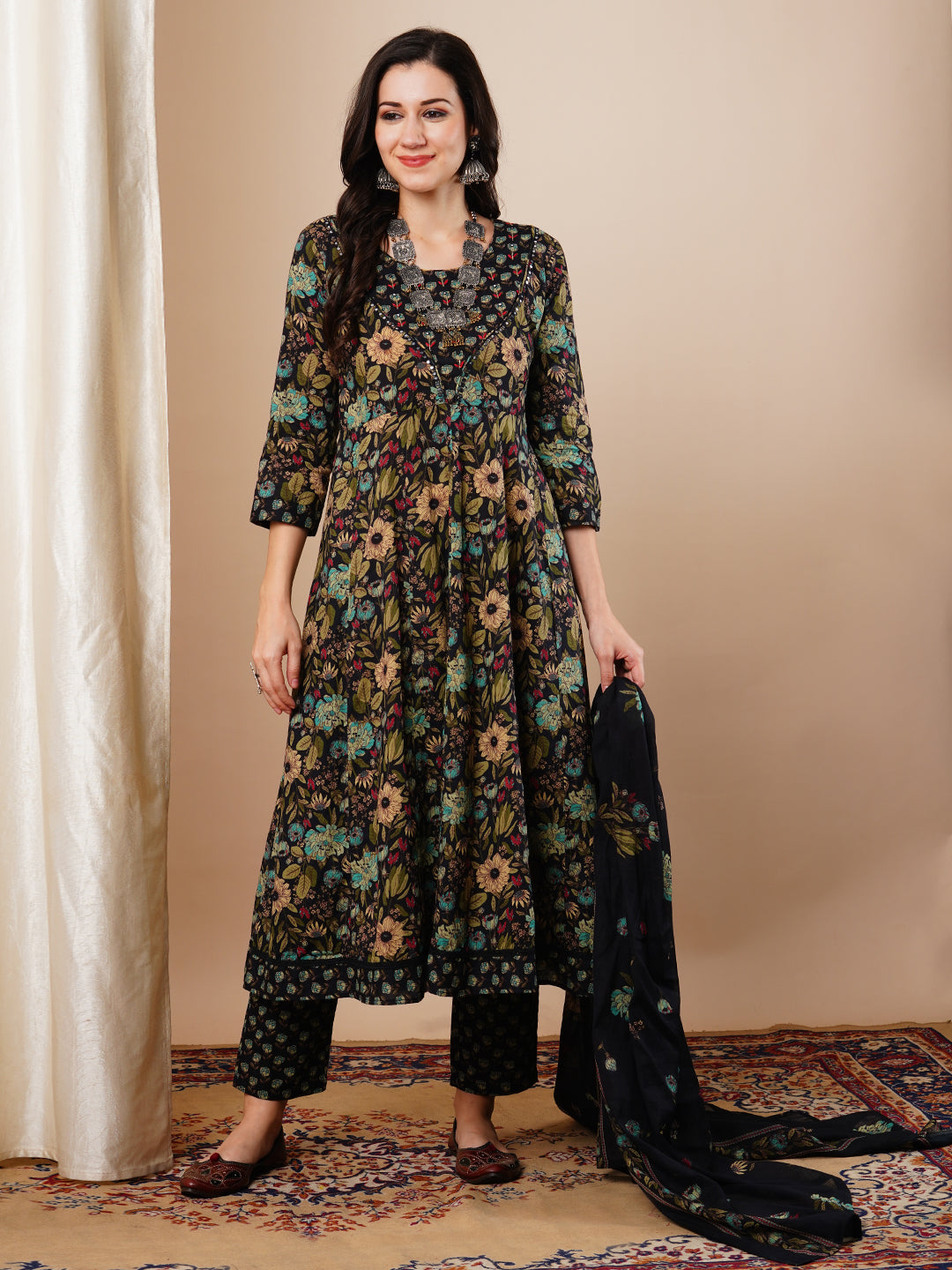 Ethnic Floral Printed Anarkali Flared Kurta with Pant & Dupatta - Black