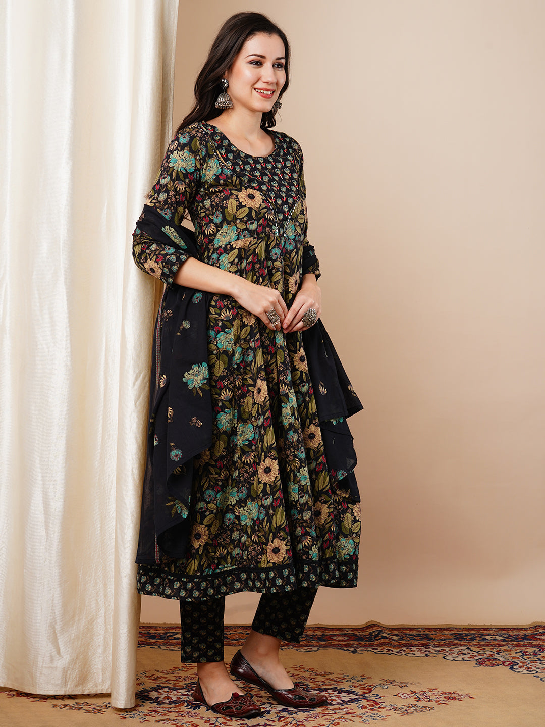 Ethnic Floral Printed Anarkali Flared Kurta with Pant & Dupatta - Black
