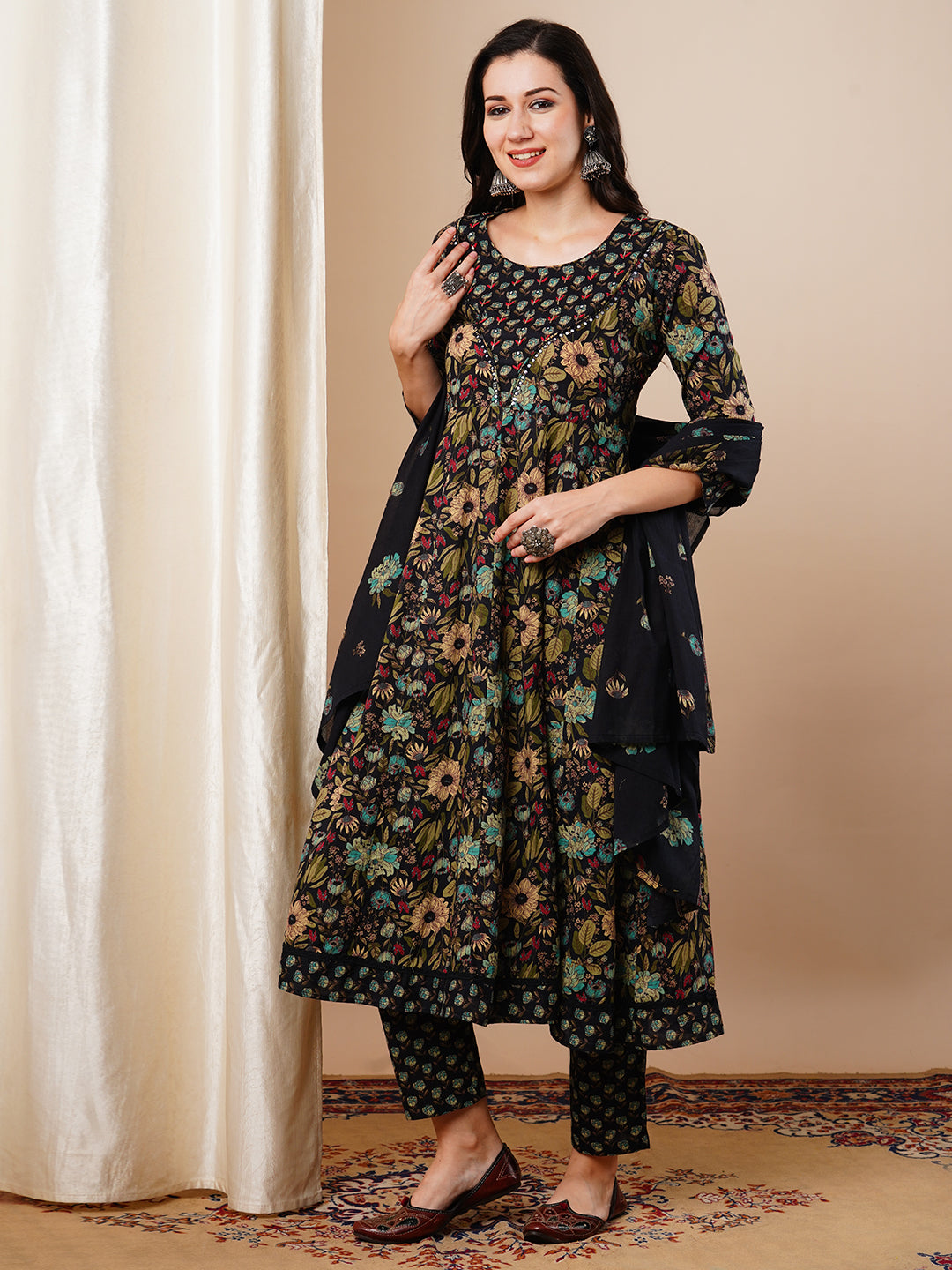 Ethnic Floral Printed Anarkali Flared Kurta with Pant & Dupatta - Black
