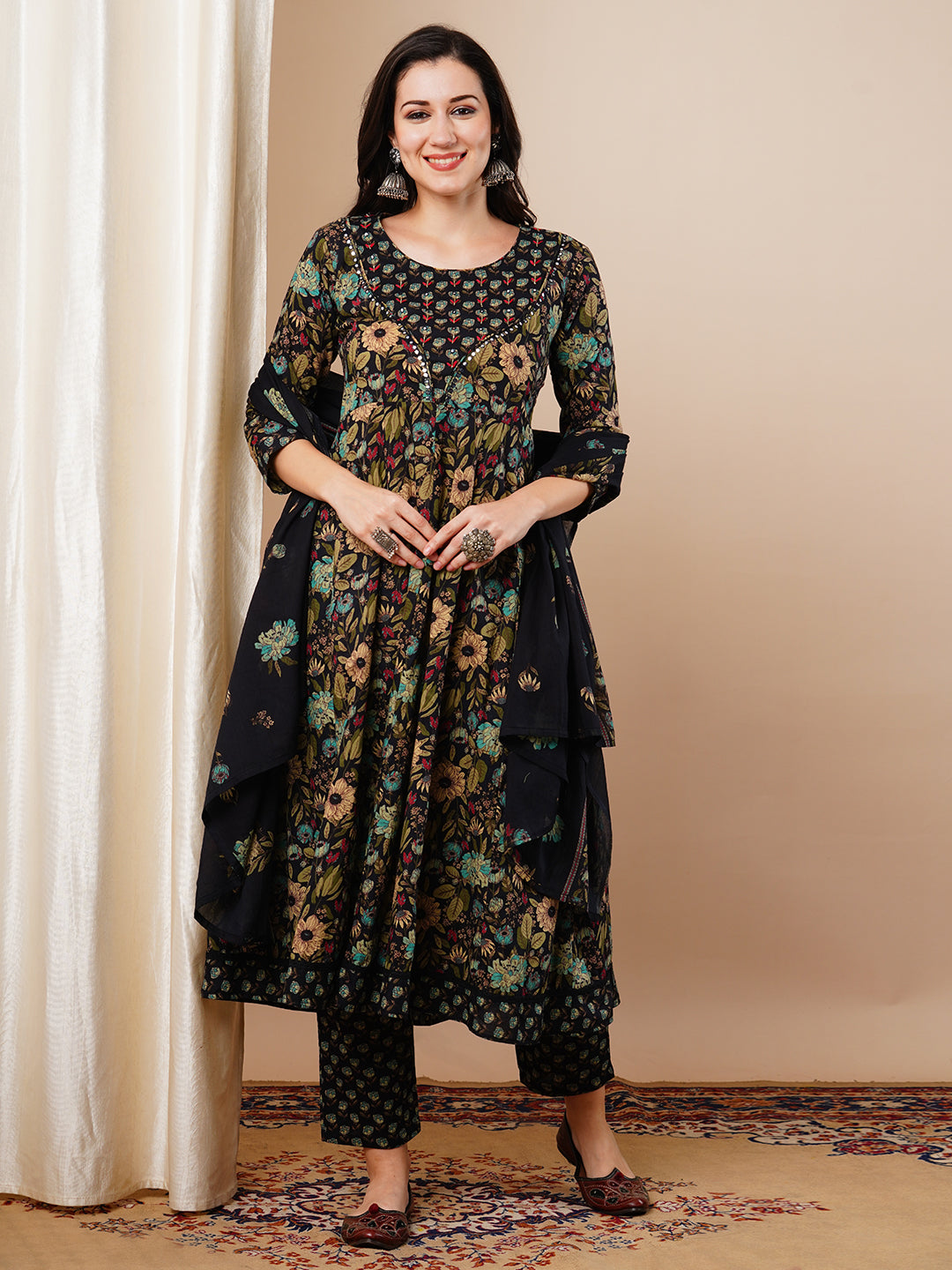 Ethnic Floral Printed Anarkali Flared Kurta with Pant & Dupatta - Black