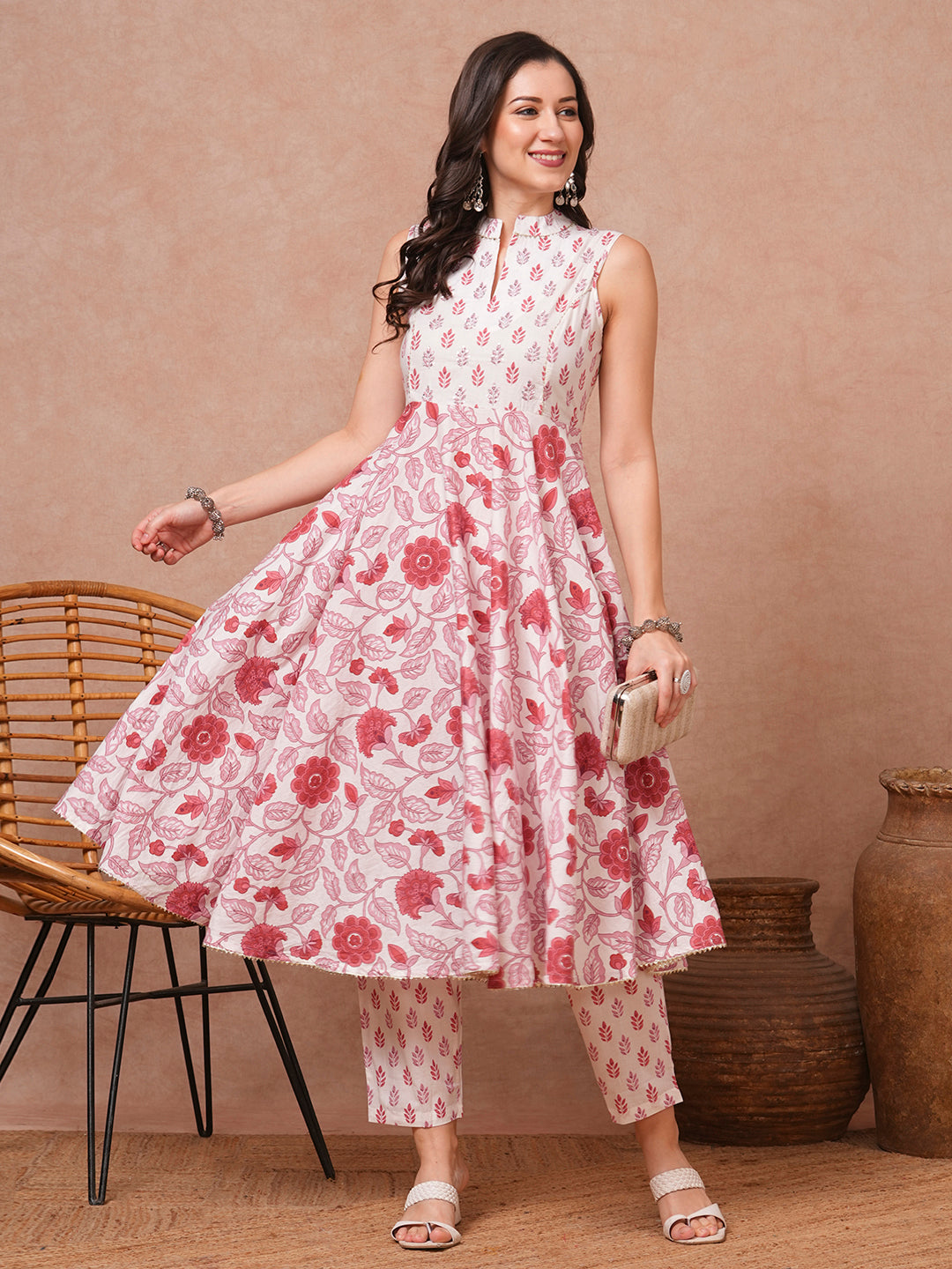 Ethnic Floral Printed & Embroidered A-Line Kurta with Pant - White