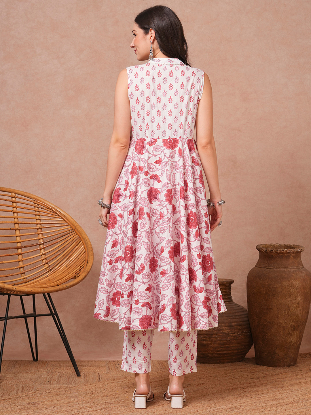 Ethnic Floral Printed & Embroidered A-Line Kurta with Pant - White