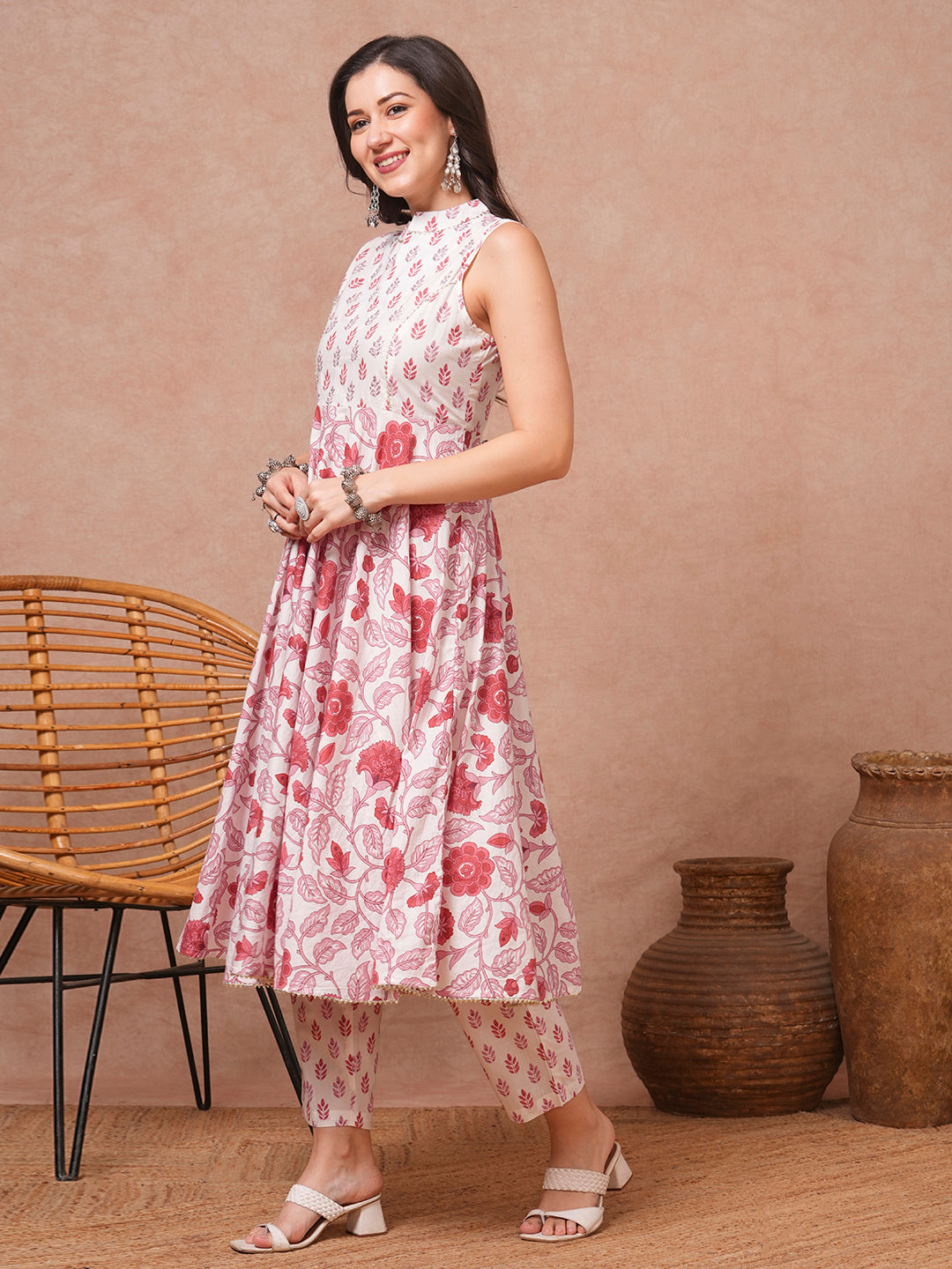 Ethnic Floral Printed & Embroidered A-Line Kurta with Pant - White