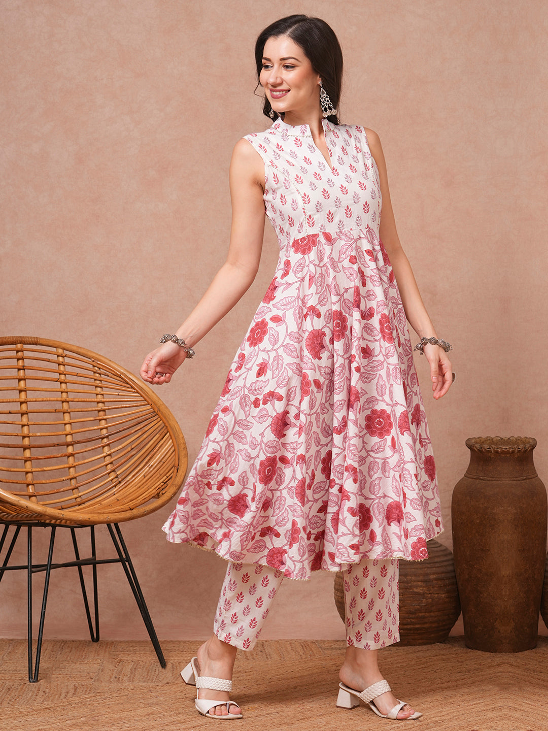 Ethnic Floral Printed & Embroidered A-Line Kurta with Pant - White