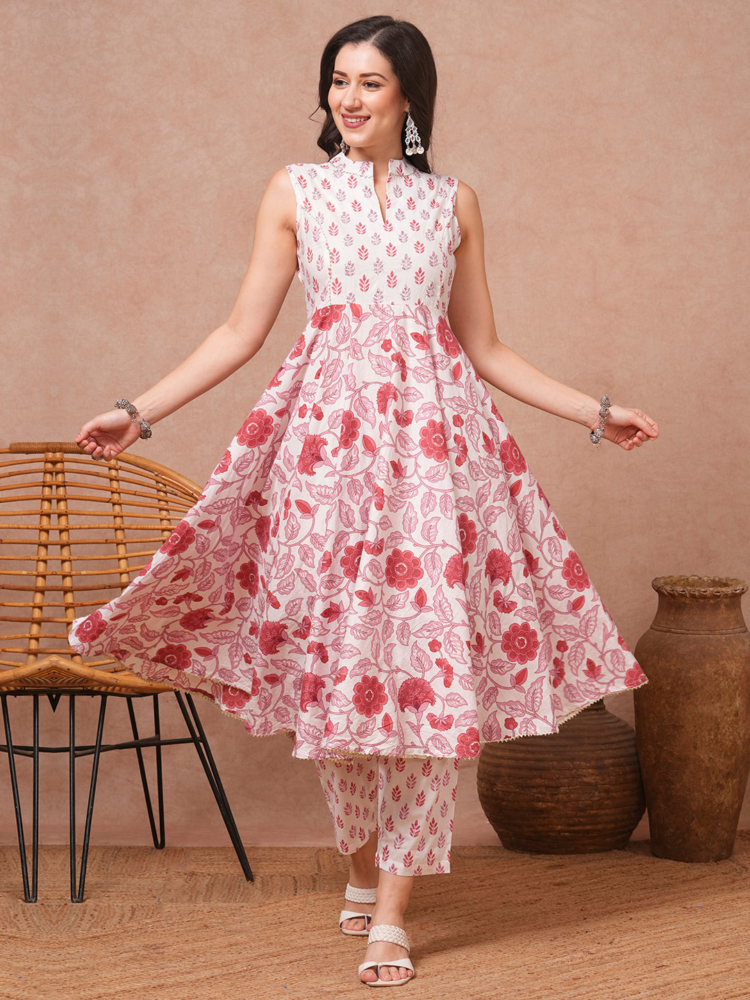Ethnic Floral Printed & Embroidered A-Line Kurta with Pant - White