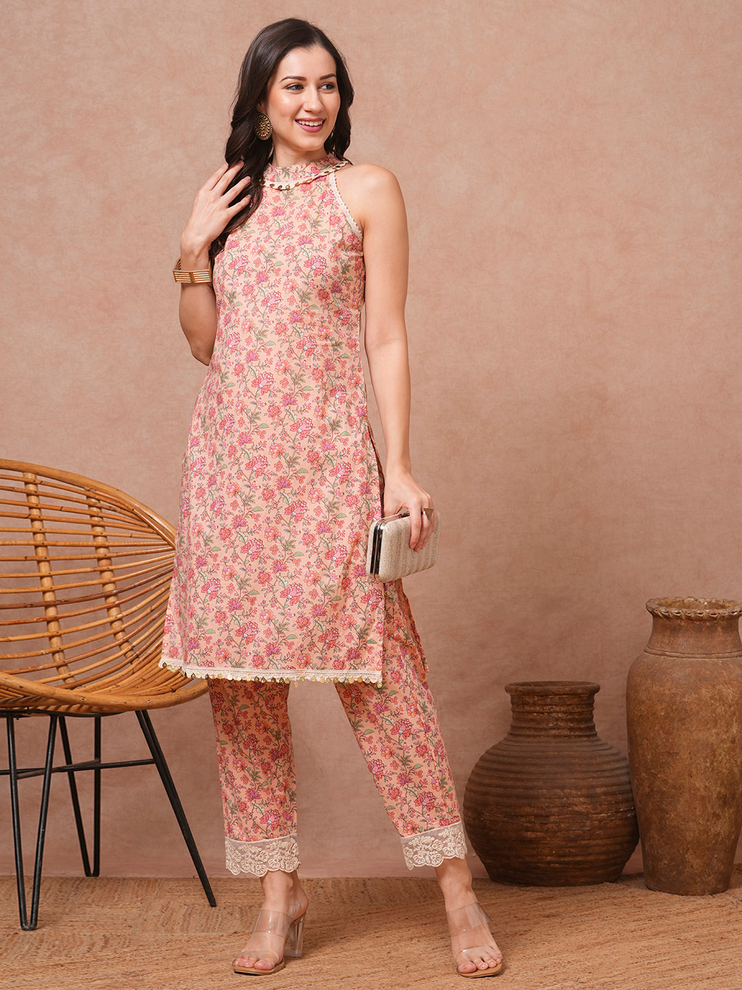 Ethnic Floral Printed Straight Fit Co-ord Set - Peach