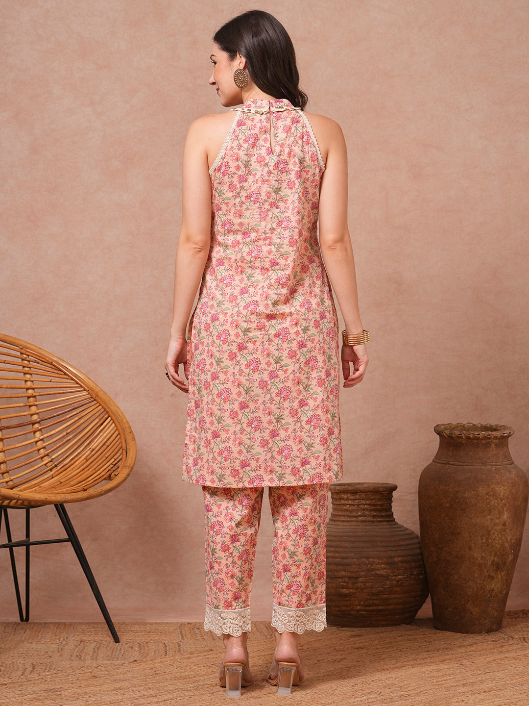 Ethnic Floral Printed Straight Fit Co-ord Set - Peach