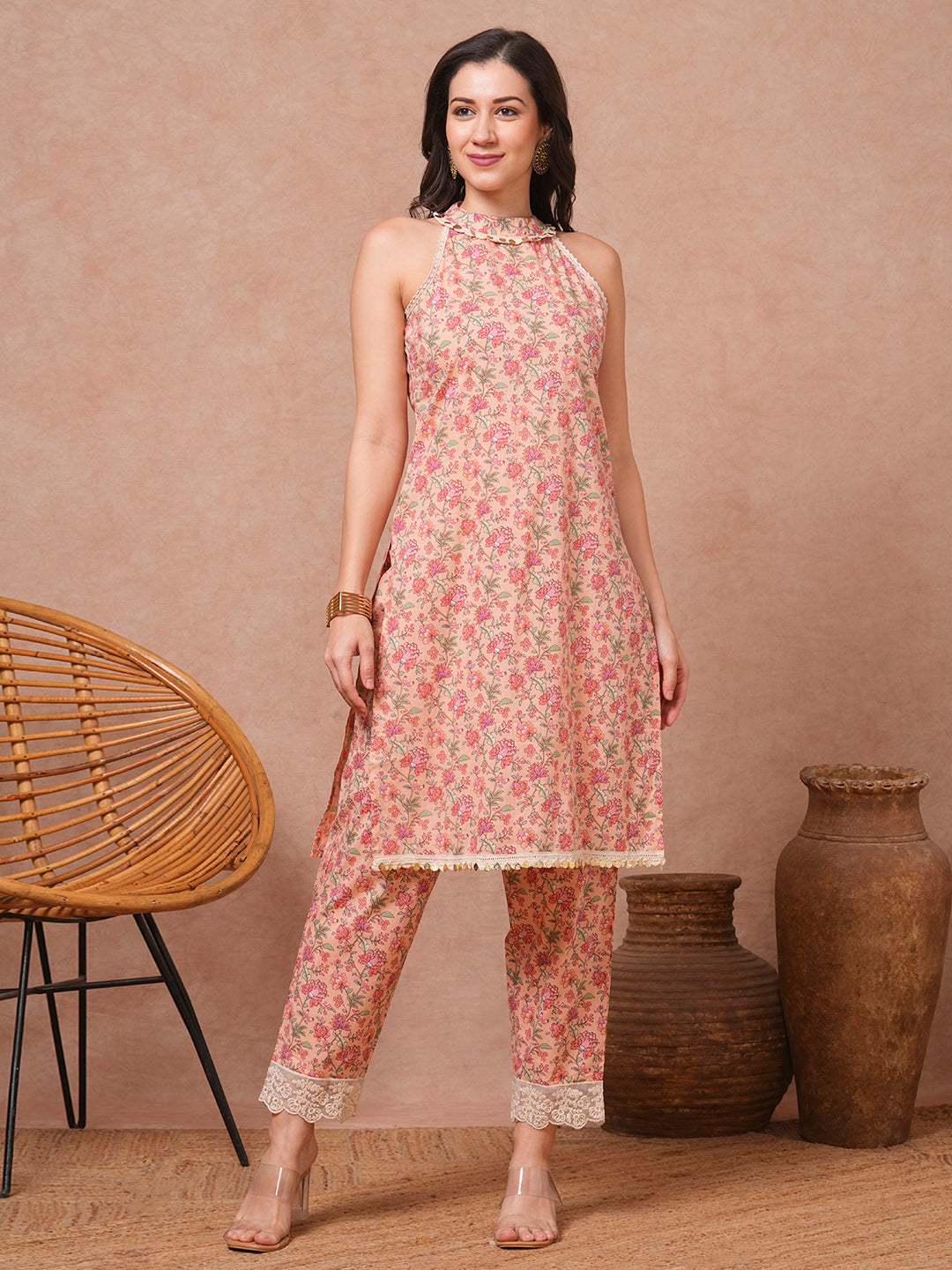 Ethnic Floral Printed Straight Fit Co-ord Set - Peach