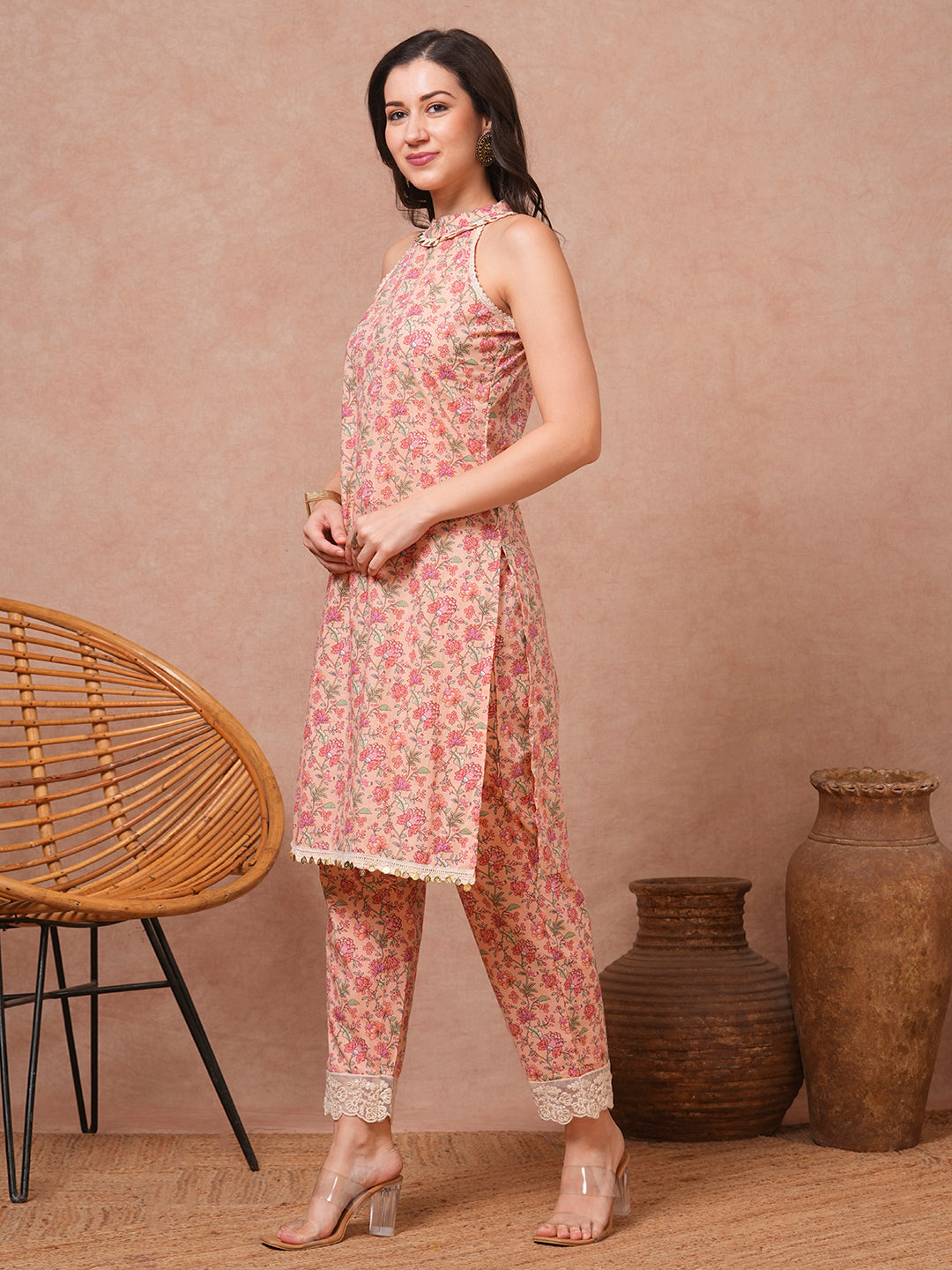 Ethnic Floral Printed Straight Fit Co-ord Set - Peach