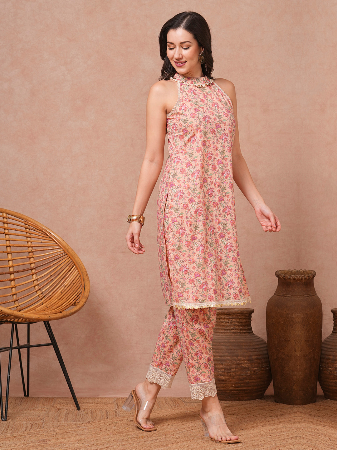 Ethnic Floral Printed Straight Fit Co-ord Set - Peach