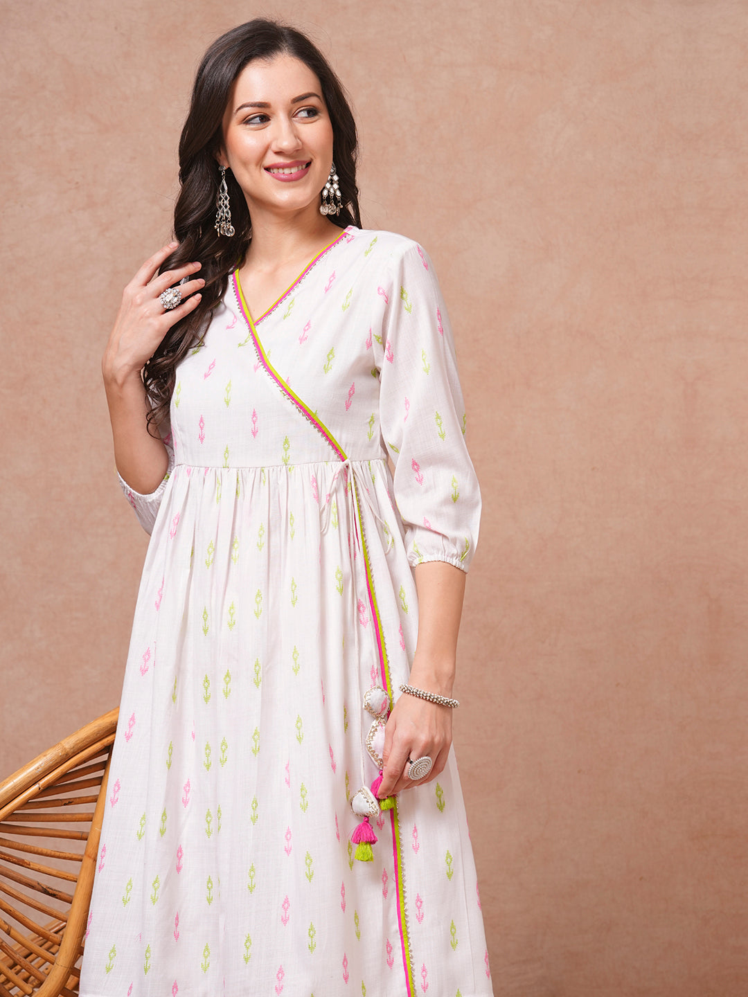 Solid Ethnic Woven A-Line Pleated Kurta with Palazzo - White