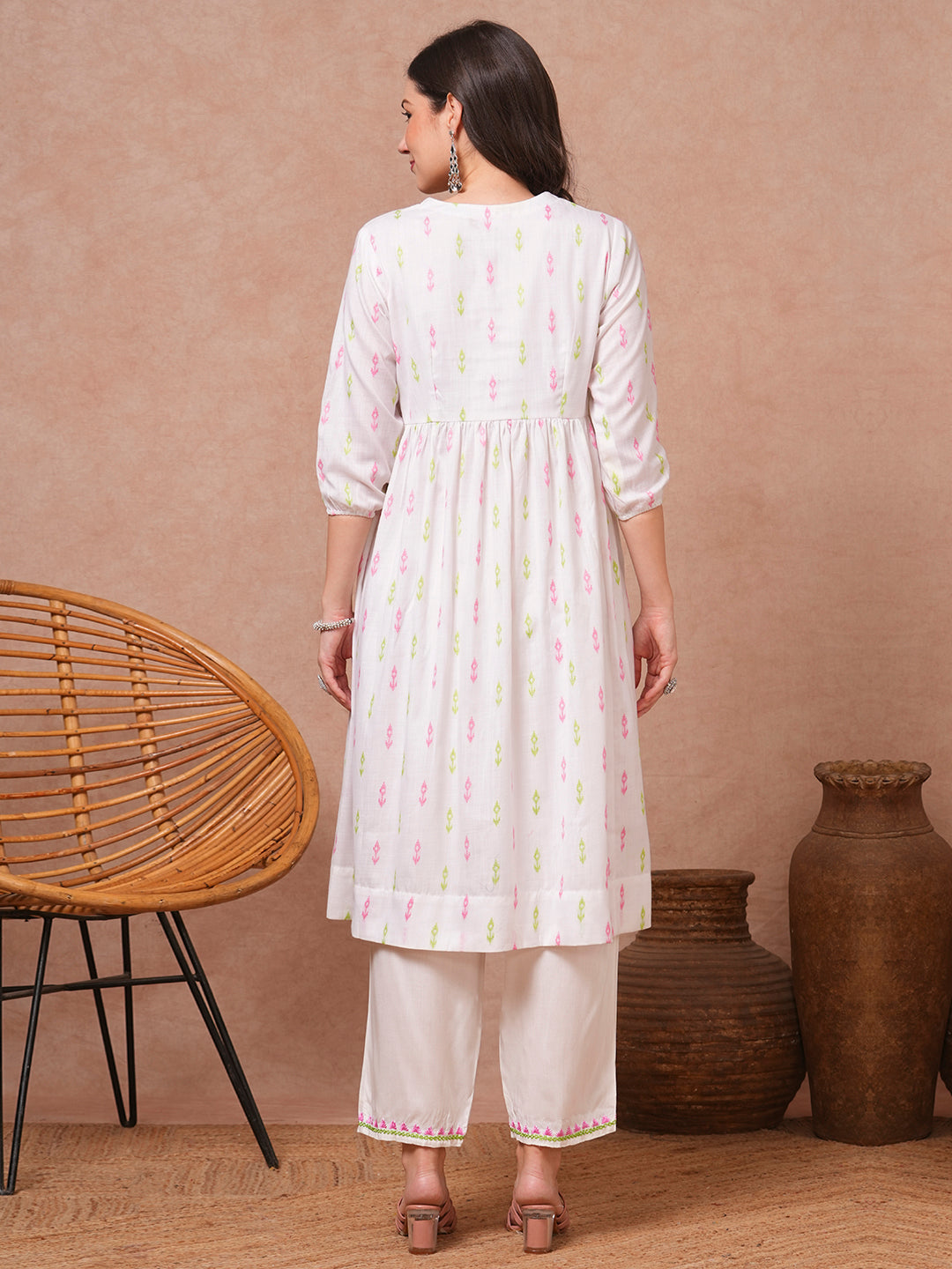 Solid Ethnic Woven A-Line Pleated Kurta with Palazzo - White