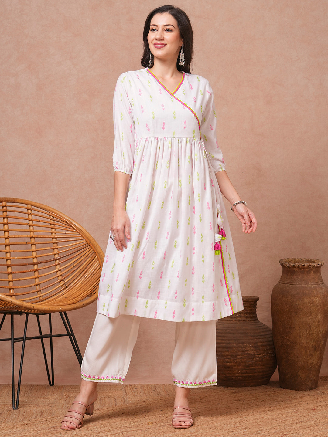 Solid Ethnic Woven A-Line Pleated Kurta with Palazzo - White