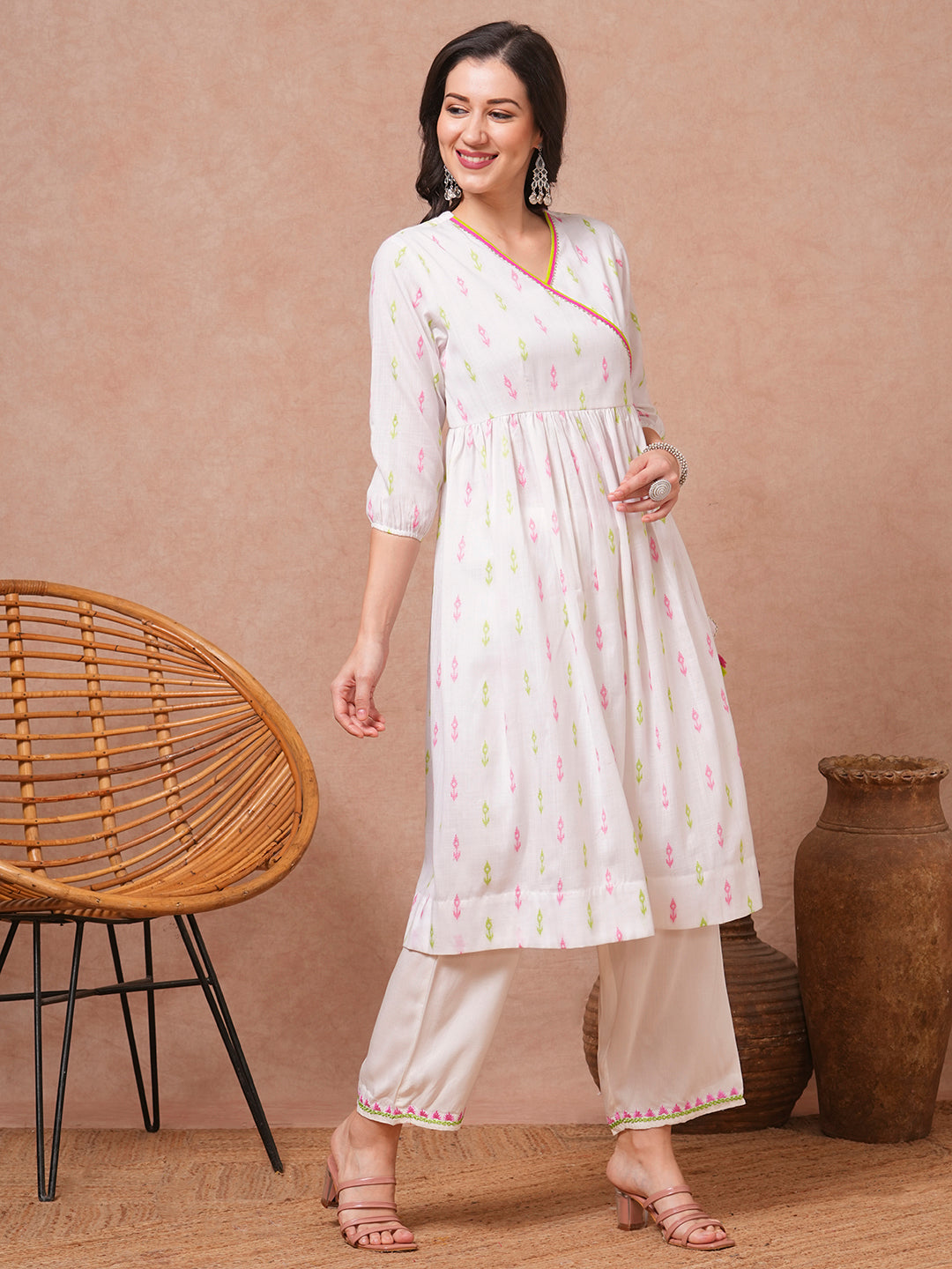 Solid Ethnic Woven A-Line Pleated Kurta with Palazzo - White