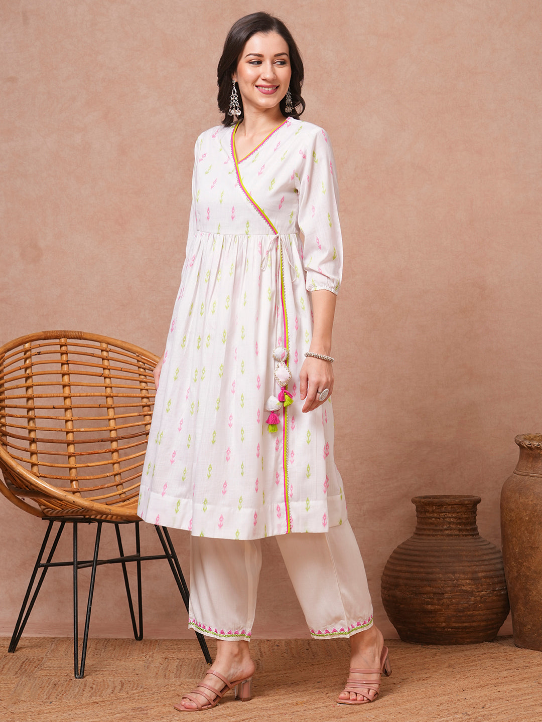 Solid Ethnic Woven A-Line Pleated Kurta with Palazzo - White