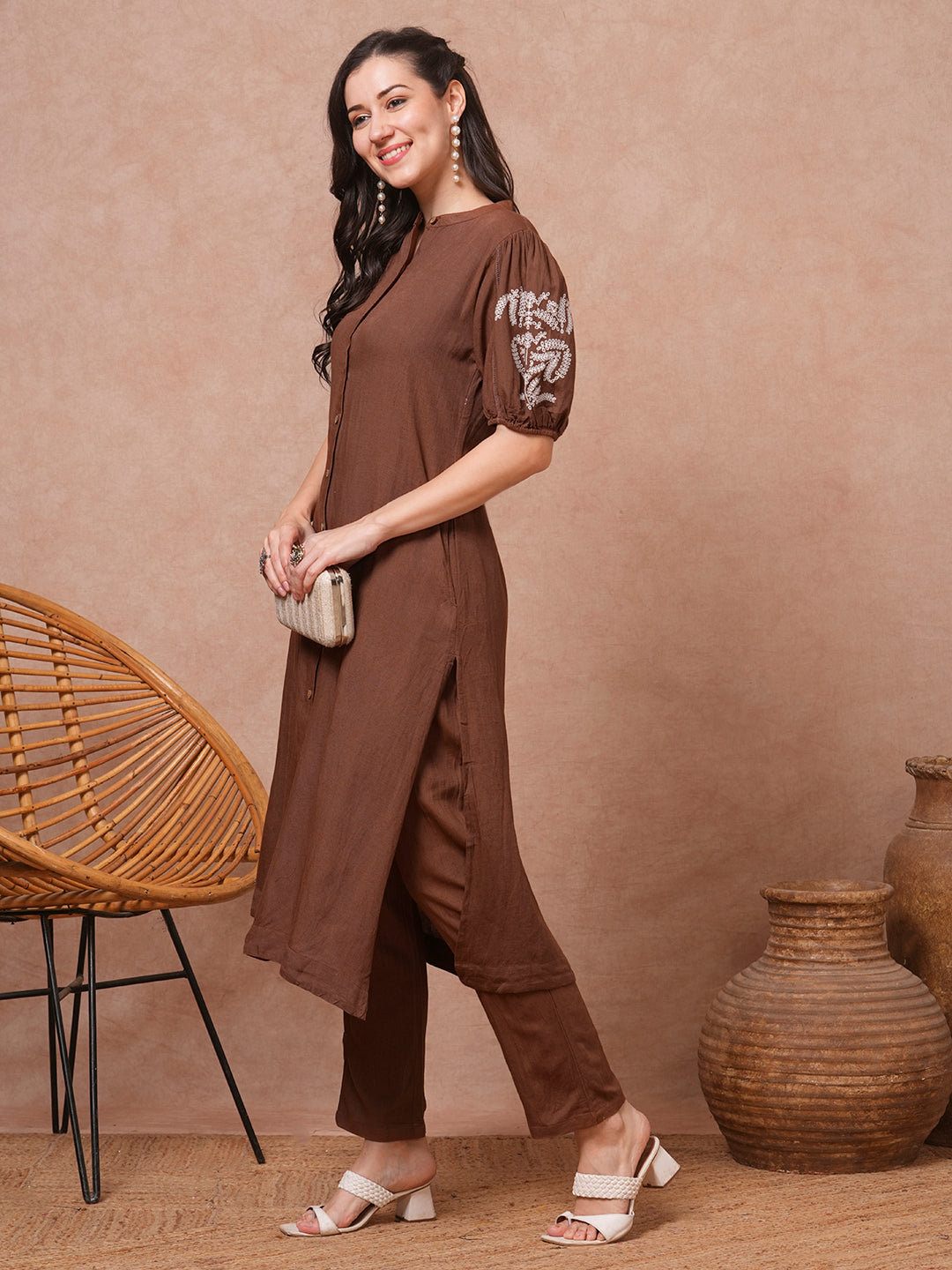 Solid Pin Tucked Floral Embroidered A-Line Co-ord Set - Brown