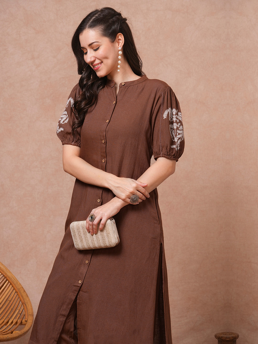 Solid Pin Tucked Floral Embroidered A-Line Co-ord Set - Brown