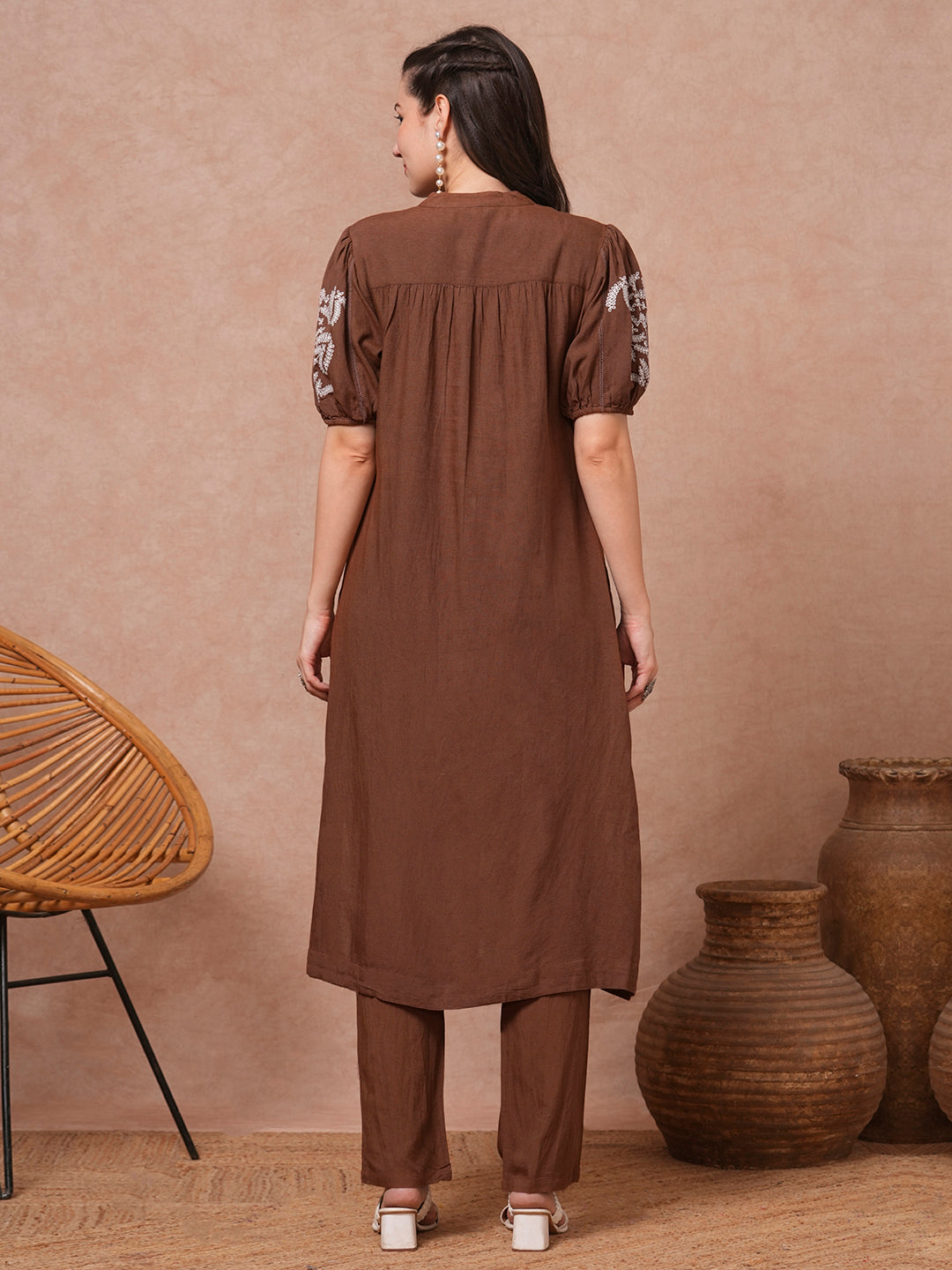 Solid Pin Tucked Floral Embroidered A-Line Co-ord Set - Brown