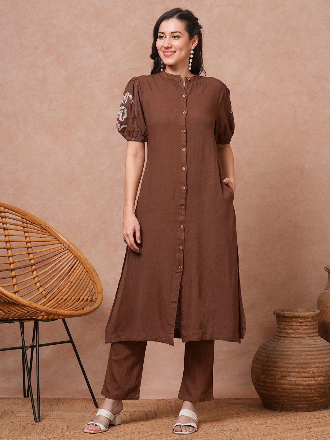 Solid Pin Tucked Floral Embroidered A-Line Co-ord Set - Brown