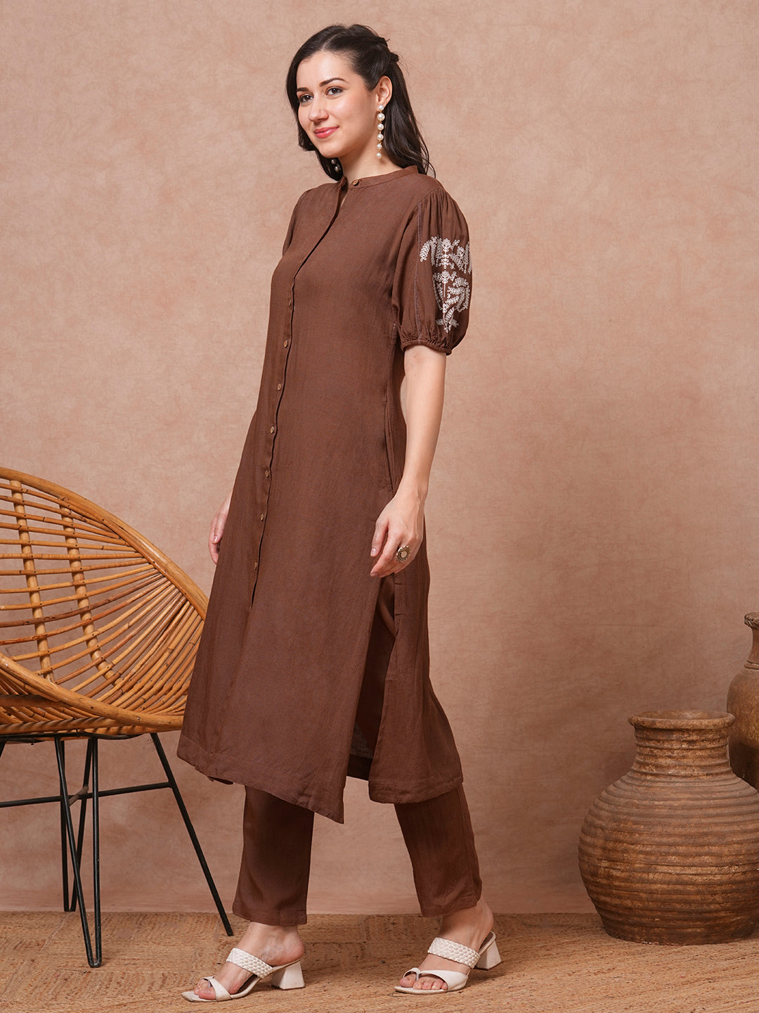 Solid Pin Tucked Floral Embroidered A-Line Co-ord Set - Brown