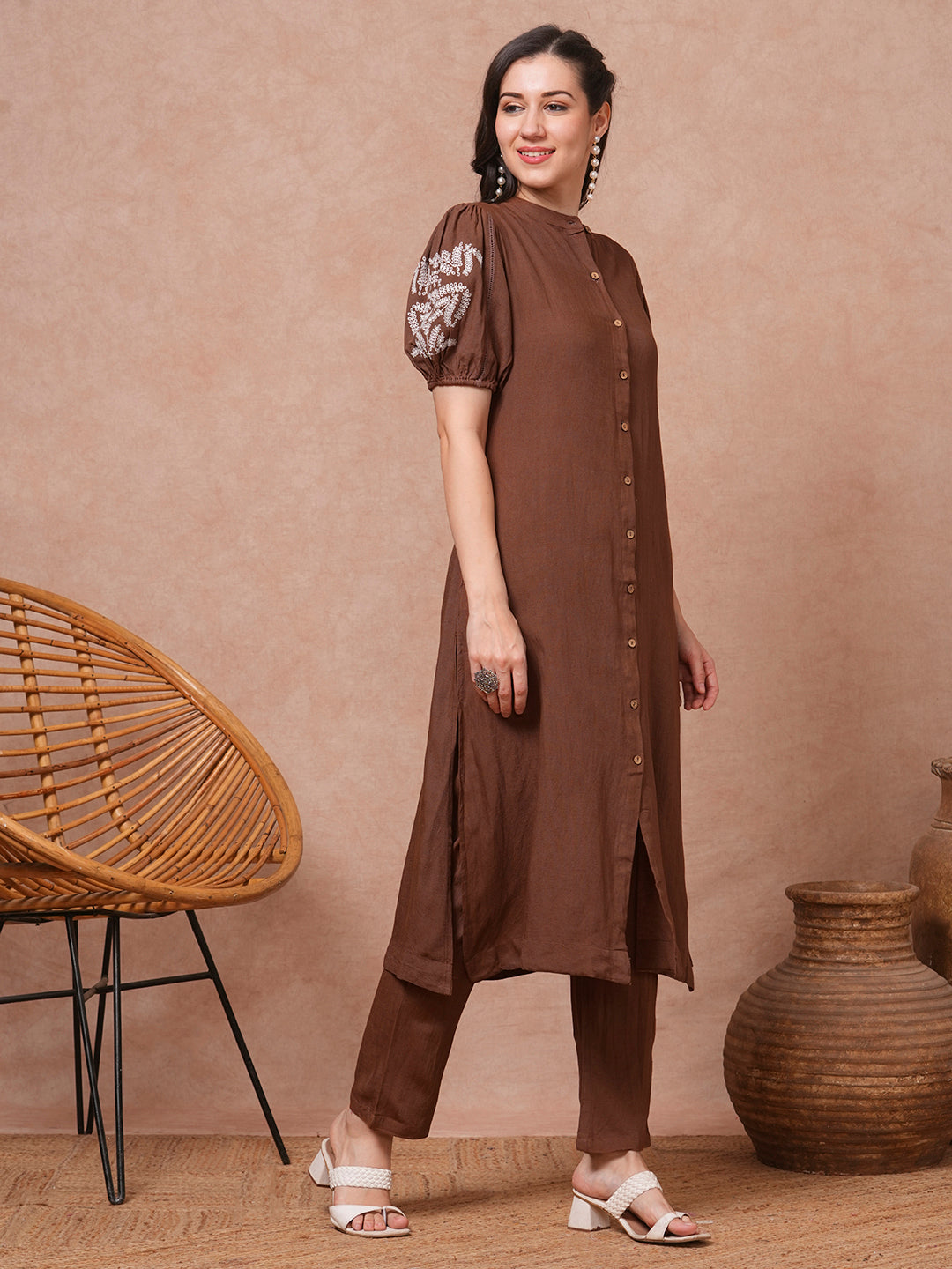 Solid Pin Tucked Floral Embroidered A-Line Co-ord Set - Brown