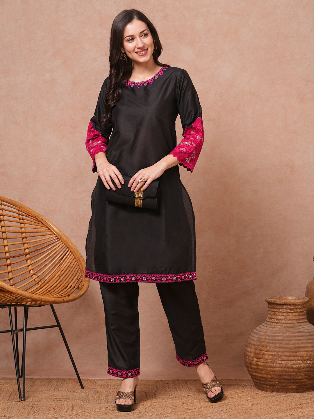 Solid Floral Patchwork Embroidered Straight Fit Co-ord Set - Black