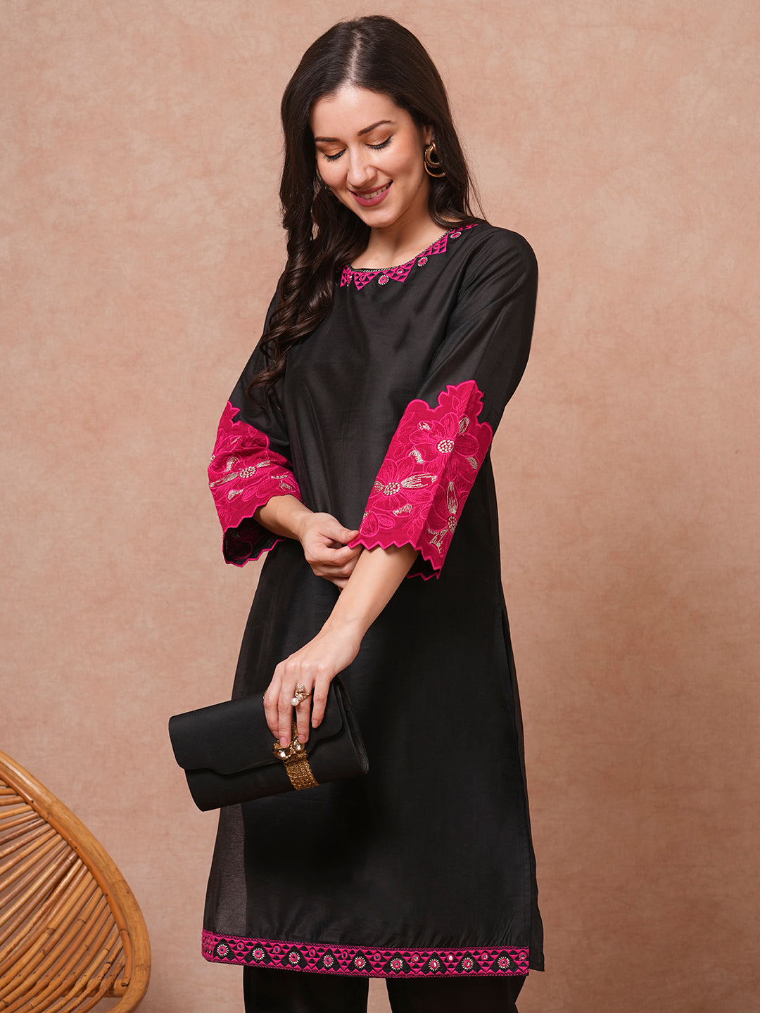 Solid Floral Patchwork Embroidered Straight Fit Co-ord Set - Black