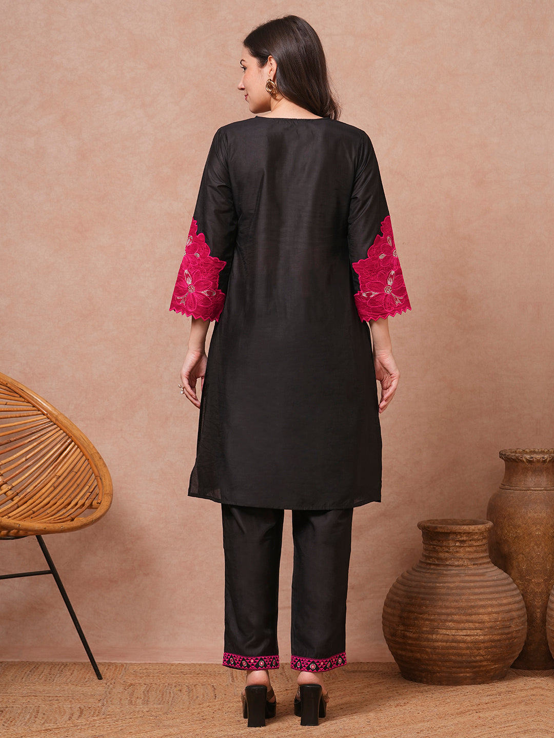 Solid Floral Patchwork Embroidered Straight Fit Co-ord Set - Black