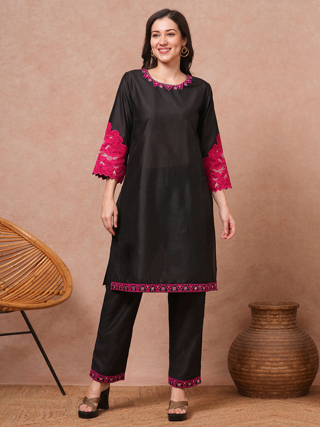 Solid Floral Patchwork Embroidered Straight Fit Co-ord Set - Black