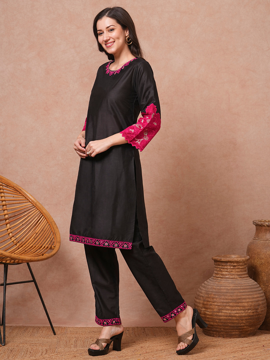 Solid Floral Patchwork Embroidered Straight Fit Co-ord Set - Black