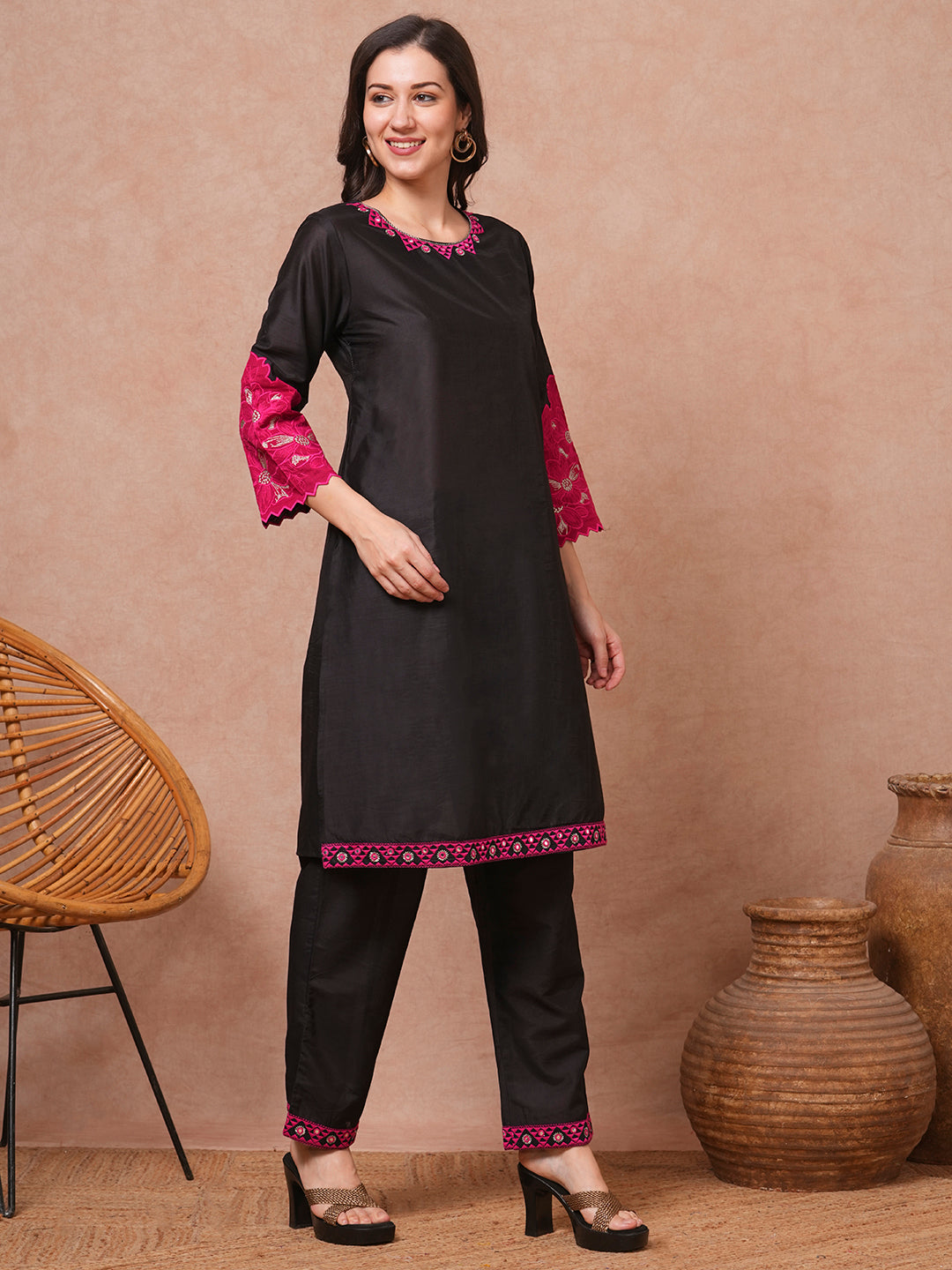 Solid Floral Patchwork Embroidered Straight Fit Co-ord Set - Black