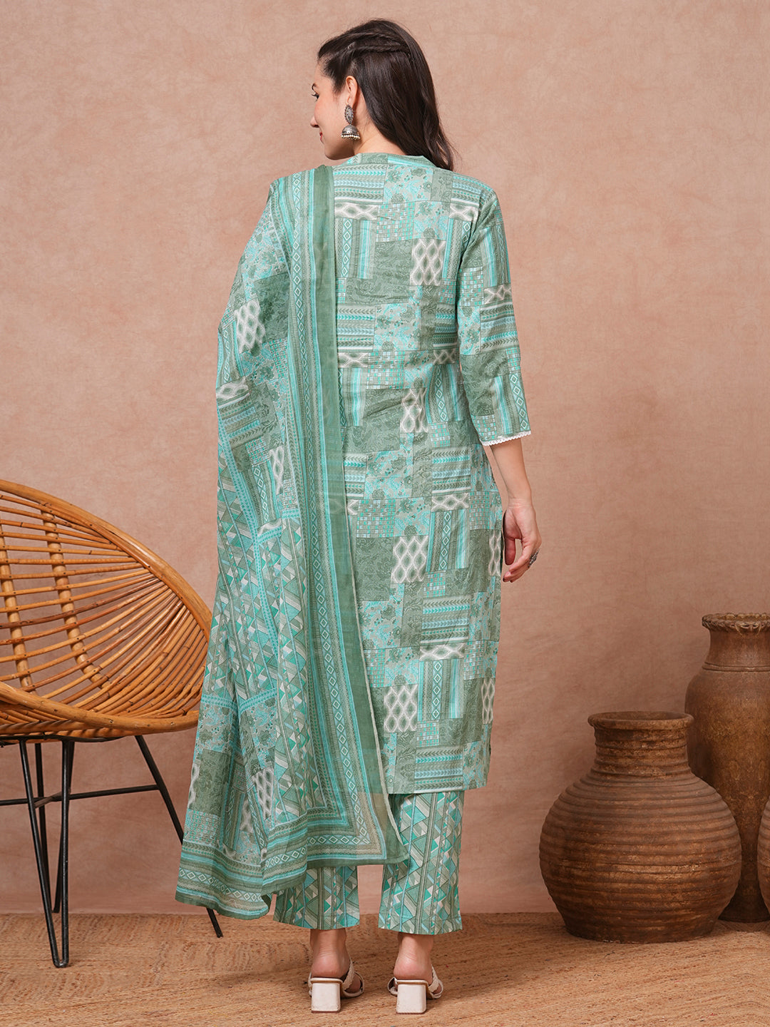 Ethnic Floral Printed & Embroidered Straight Fit Kurta with Pant and Dupatta - Turquoise Blue