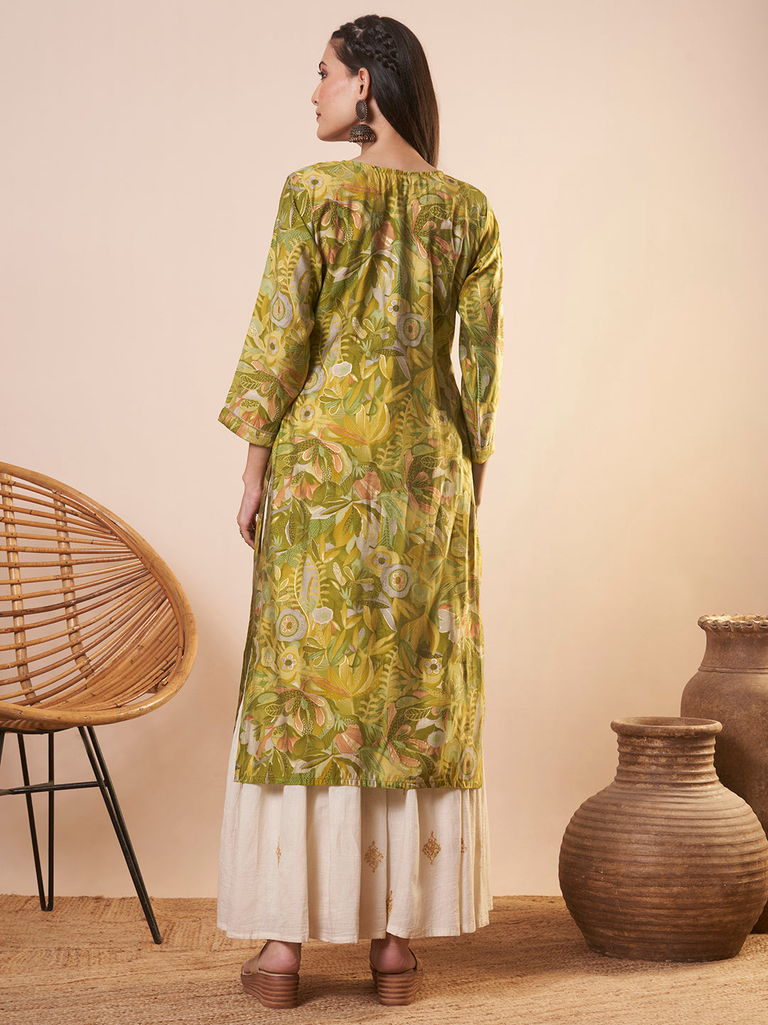 Abstract Floral Printed & Embroidered Straight Fit Kurta - Green
