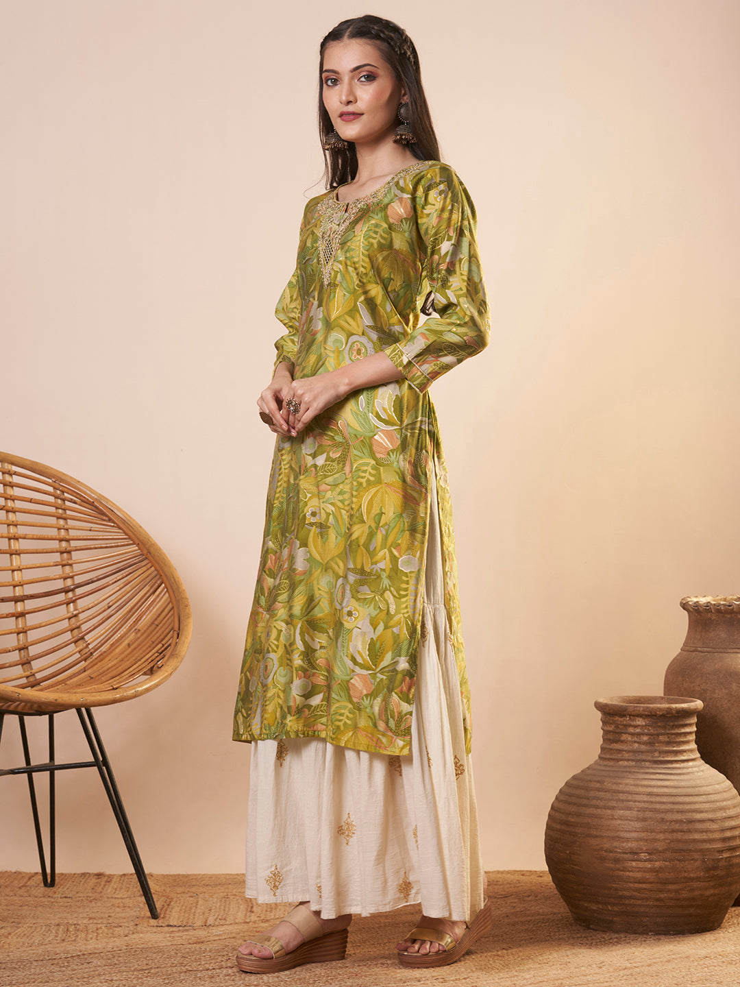 Abstract Floral Printed & Embroidered Straight Fit Kurta - Green