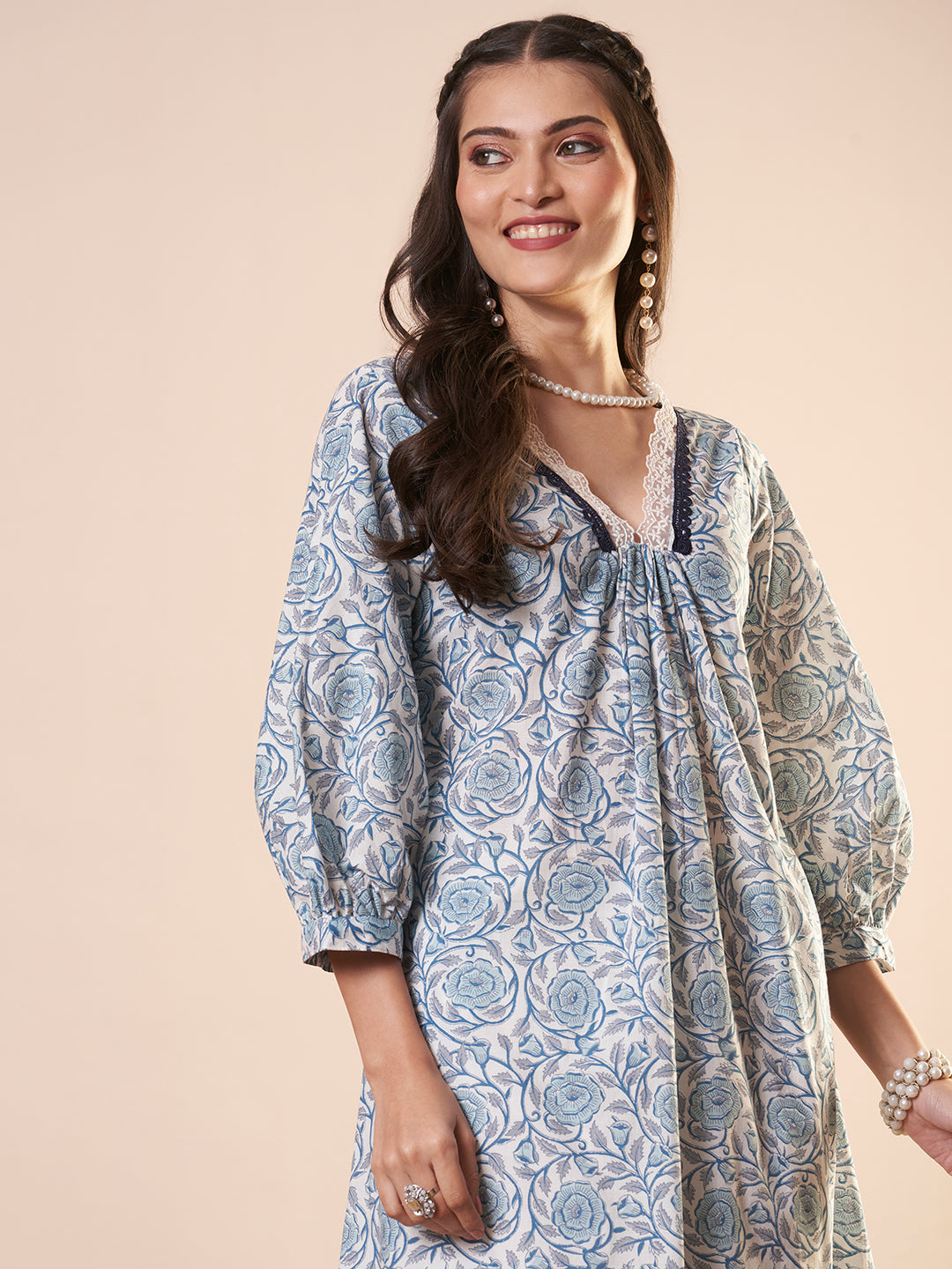 Ethnic Floral Printed A-Line Flared Kurta - Blue