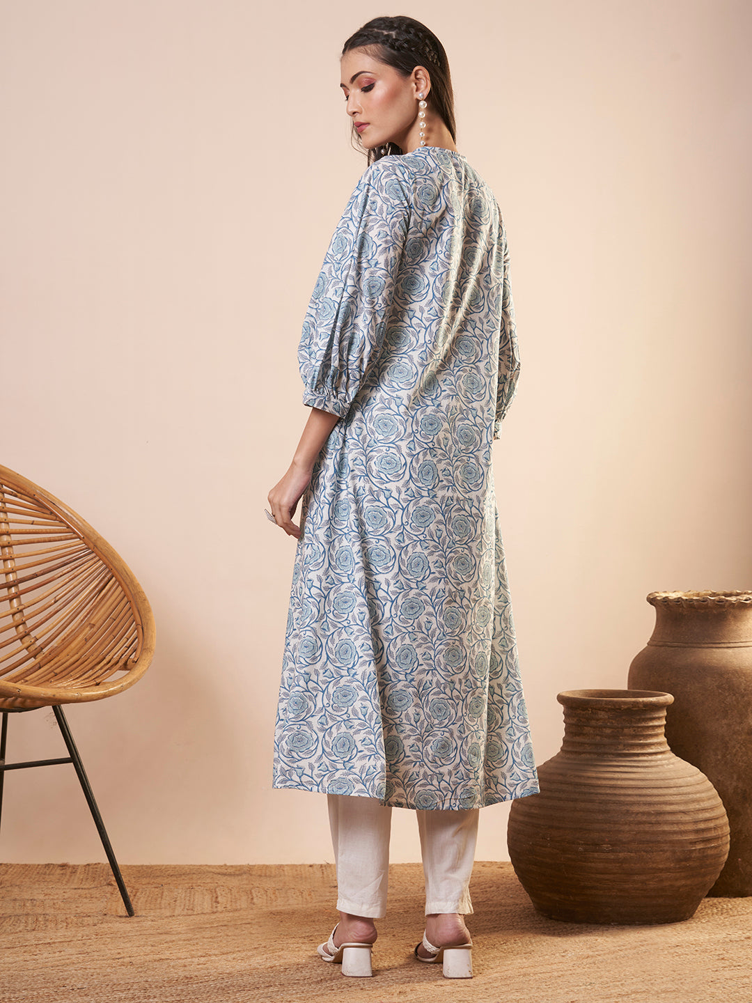 Ethnic Floral Printed A-Line Flared Kurta - Blue