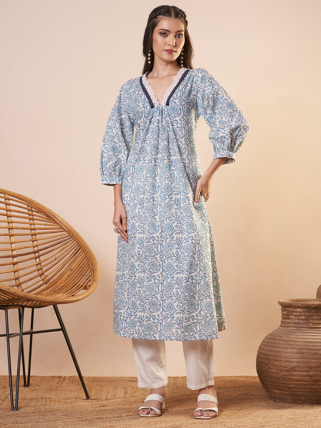 Ethnic Floral Printed A-Line Flared Kurta - Blue