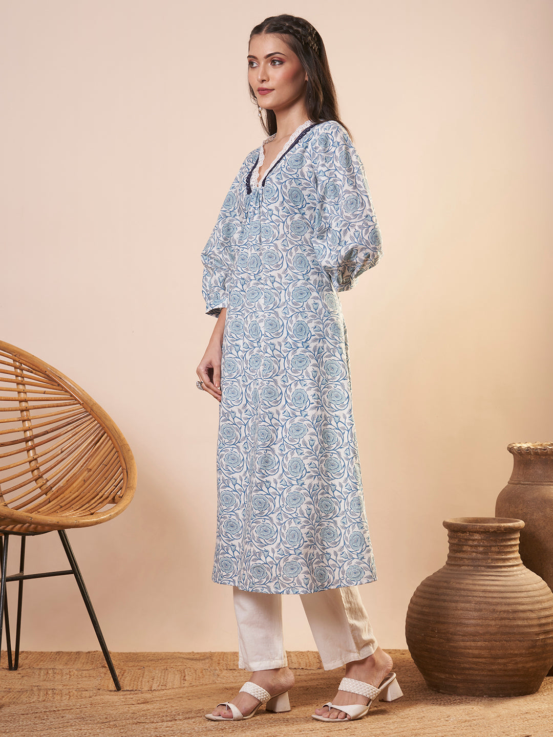 Ethnic Floral Printed A-Line Flared Kurta - Blue