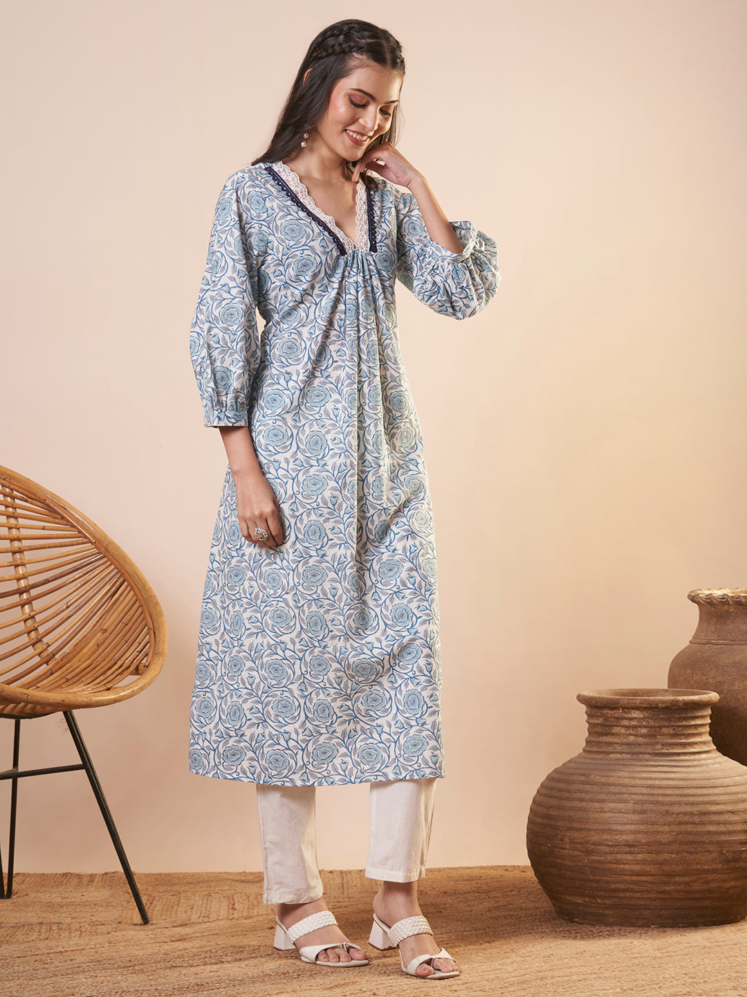 Ethnic Floral Printed A-Line Flared Kurta - Blue