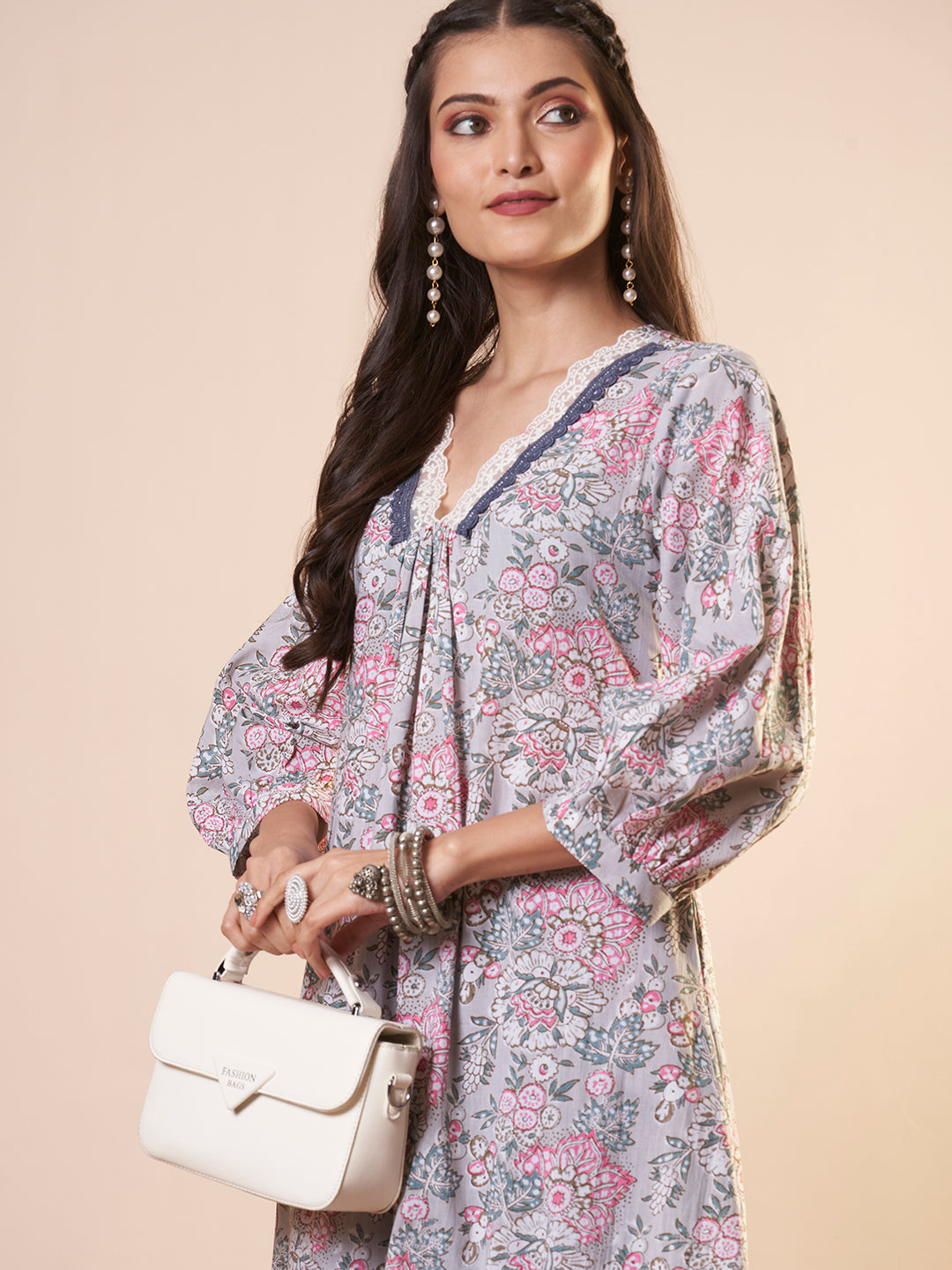 Floral Printed A-Line Pleated Flared Kurta - Grey