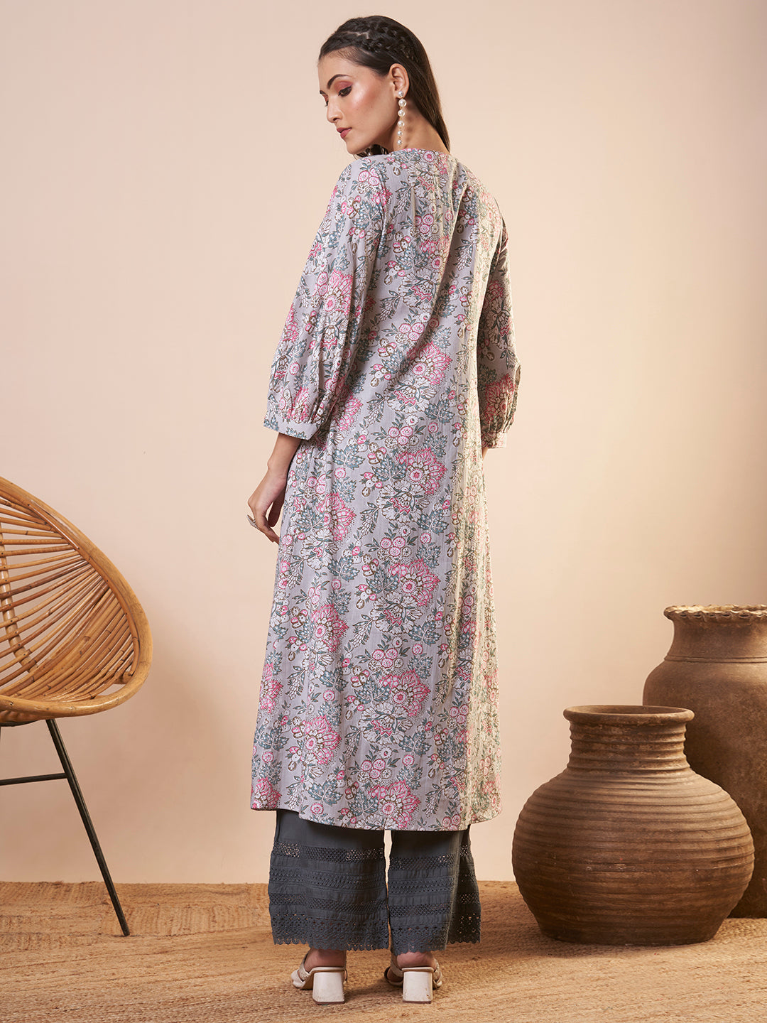 Floral Printed A-Line Pleated Flared Kurta - Grey