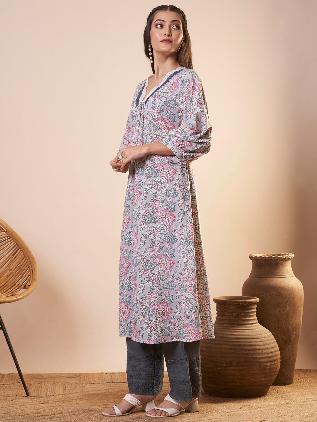 Floral Printed A-Line Pleated Flared Kurta - Grey