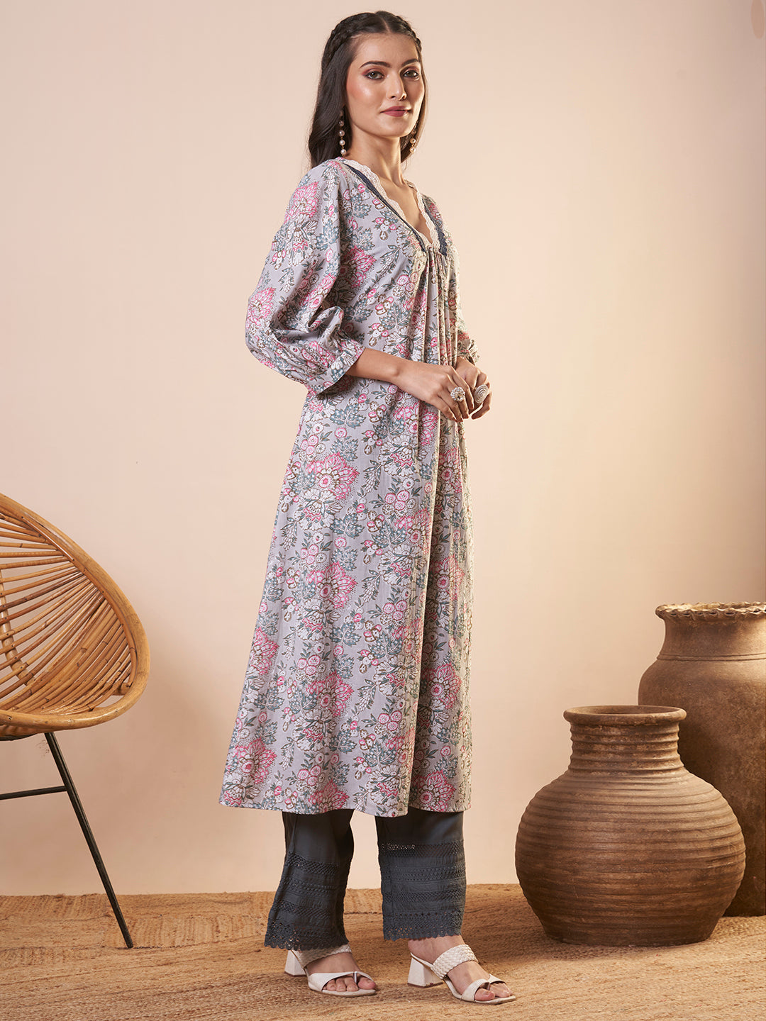 Floral Printed A-Line Pleated Flared Kurta - Grey