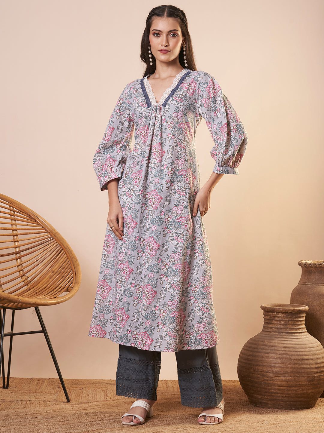 Floral Printed A-Line Pleated Flared Kurta - Grey