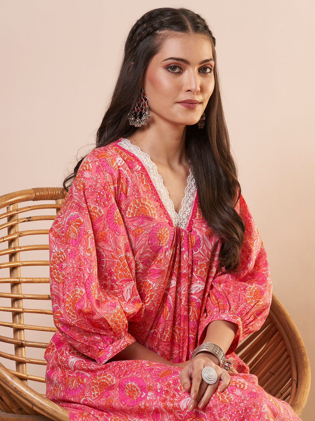 Ethnic Floral Printed A-Line Flared Kurta - Pink